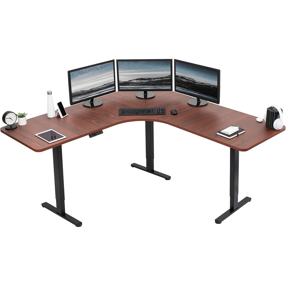 image:imageVIVO Electric Height Adjustable 71 x 71 inch Curved Corner Stand Up Desk Black Table Top Black Frame Memory Controller LShaped Workstation E3C Series DESKKITE3CB2Dark Walnut Top Black Frame