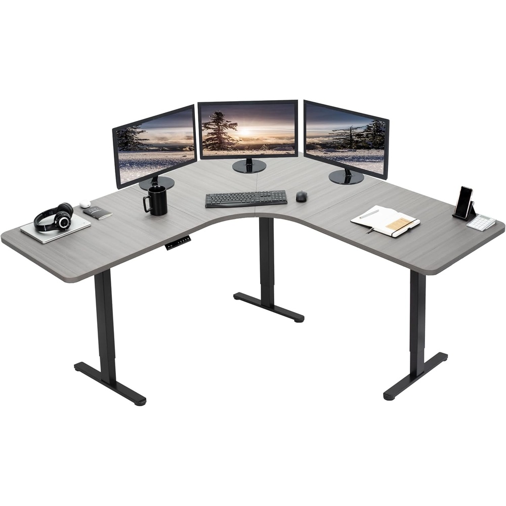 image:imageVIVO Electric Height Adjustable 71 x 71 inch Curved Corner Stand Up Desk Black Table Top Black Frame Memory Controller LShaped Workstation E3C Series DESKKITE3CB2Dark Gray Top Black Frame