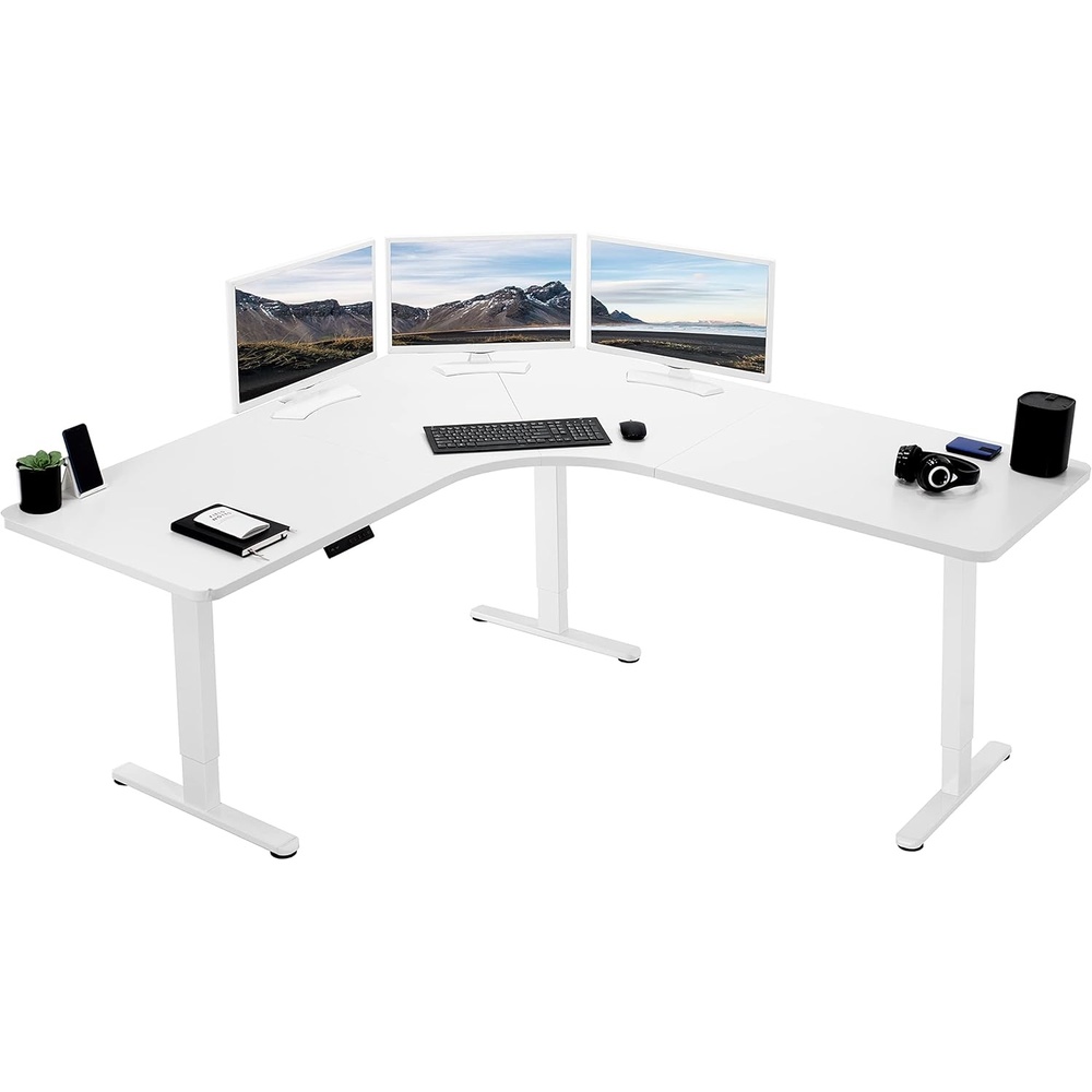 image:imageVIVO Electric Height Adjustable 71 x 71 inch Curved Corner Stand Up Desk Black Table Top Black Frame Memory Controller LShaped Workstation E3C Series DESKKITE3CB2White Top White Frame