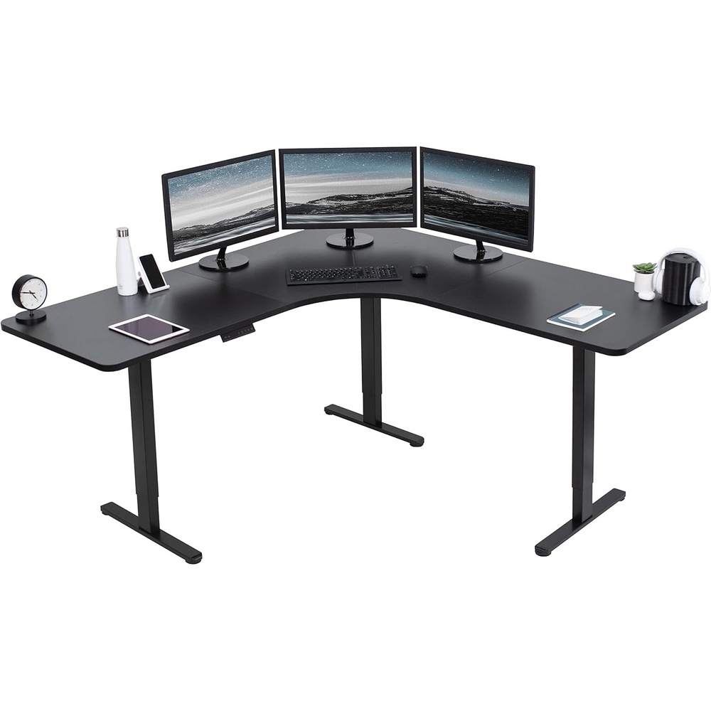 image:imageVIVO Electric Height Adjustable 71 x 71 inch Curved Corner Stand Up Desk Black Table Top Black Frame Memory Controller LShaped Workstation E3C Series DESKKITE3CB2Black Top Black Frame