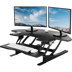 image:imageVIVO 43 inch Corner Electric Height Adjustable Cubicle Stand Up Desk Converter VE Series Sit to Stand Tabletop Dual Monitor Riser with USB Port Black DESKV000VCE