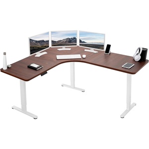 image:imageVIVO Electric Height Adjustable 71 x 71 inch Curved Corner Stand Up Desk Black Table Top Black Frame Memory Controller LShaped Workstation E3C Series DESKKITE3CB2Dark Walnut Top  White Frame