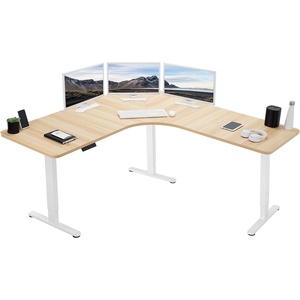 image:imageVIVO Electric Height Adjustable 71 x 71 inch Curved Corner Stand Up Desk Black Table Top Black Frame Memory Controller LShaped Workstation E3C Series DESKKITE3CB2Light Wood Top  White Frame