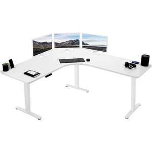 image:imageVIVO Electric Height Adjustable 71 x 71 inch Curved Corner Stand Up Desk Black Table Top Black Frame Memory Controller LShaped Workstation E3C Series DESKKITE3CB2White Top  White Frame