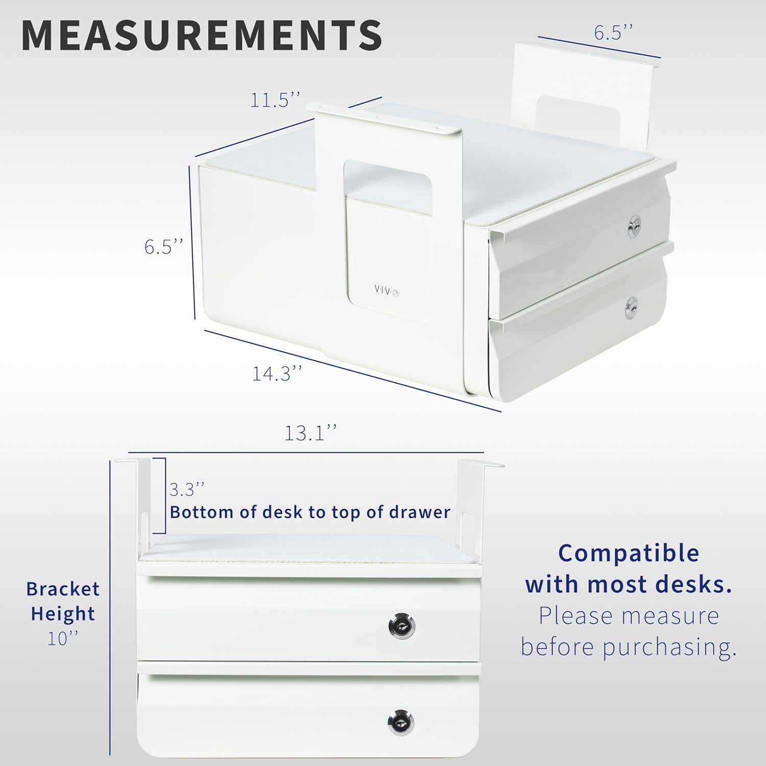 image:imageVIVO 13 Inch Under Desk Lockable Slide Out Drawer Secure Home Office Storage Organizer Steel Black DESKAC03LBWhite
