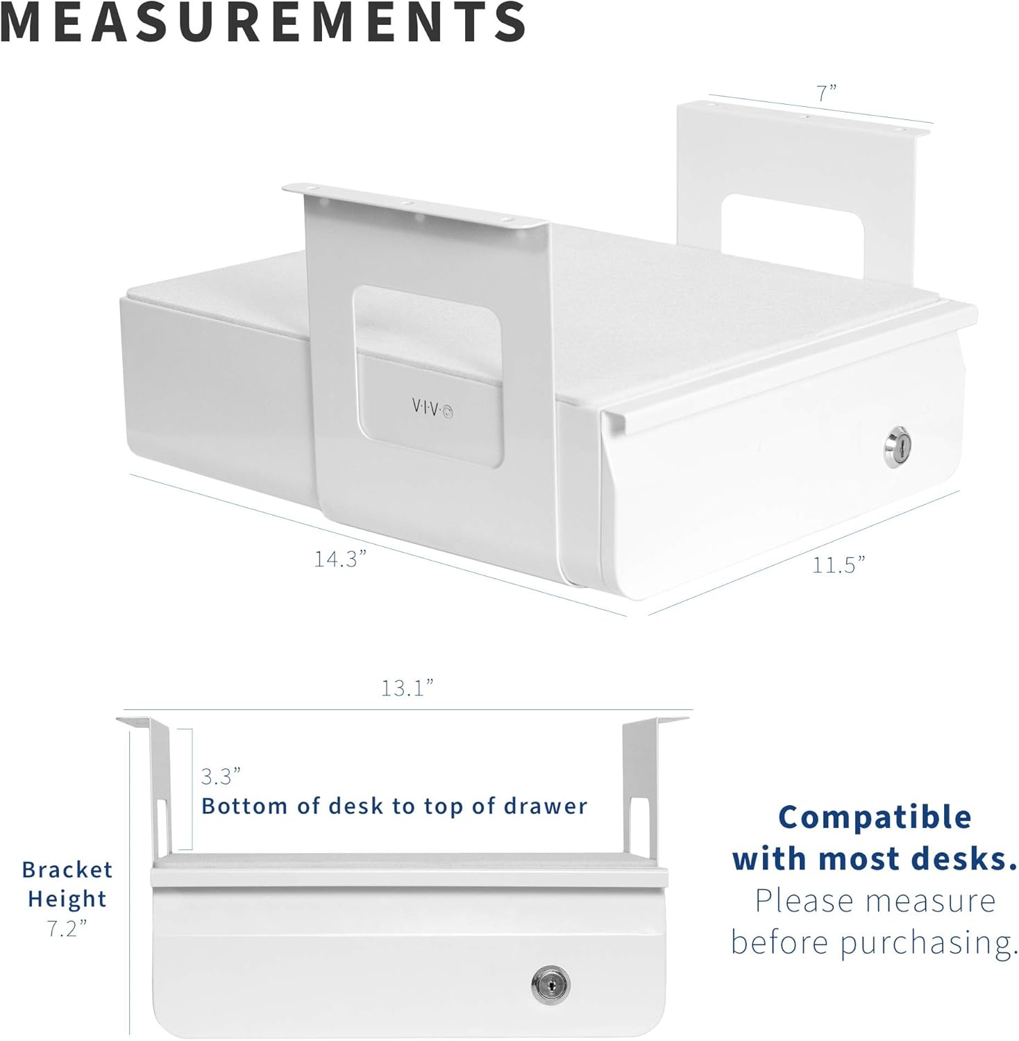 image:imageVIVO 13 Inch Under Desk Lockable Slide Out Drawer Secure Home Office Storage Organizer Steel Black DESKAC03LBWhite