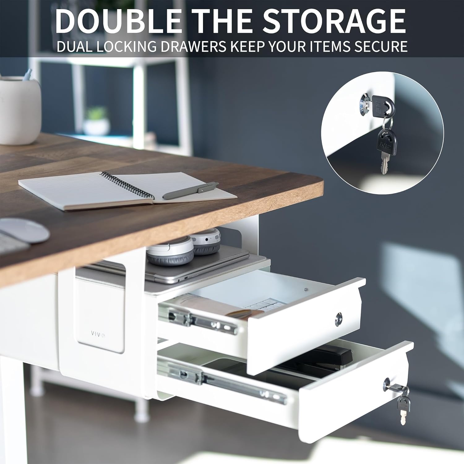 image:imageVIVO 13 Inch Under Desk Lockable Slide Out Drawer Secure Home Office Storage Organizer Steel Black DESKAC03LBWhite