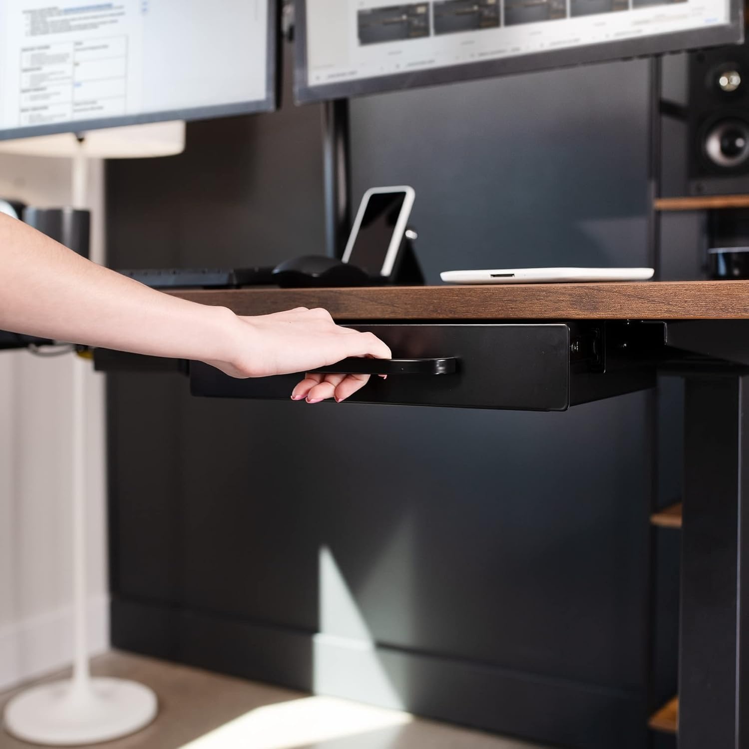 image:imageVIVO 13 inch Under Desk Mounted Sliding Pullout Drawer for Office Desk Pull Handle Storage Organizer for Sit Stand Workstation Black DESKDR1HBBlack