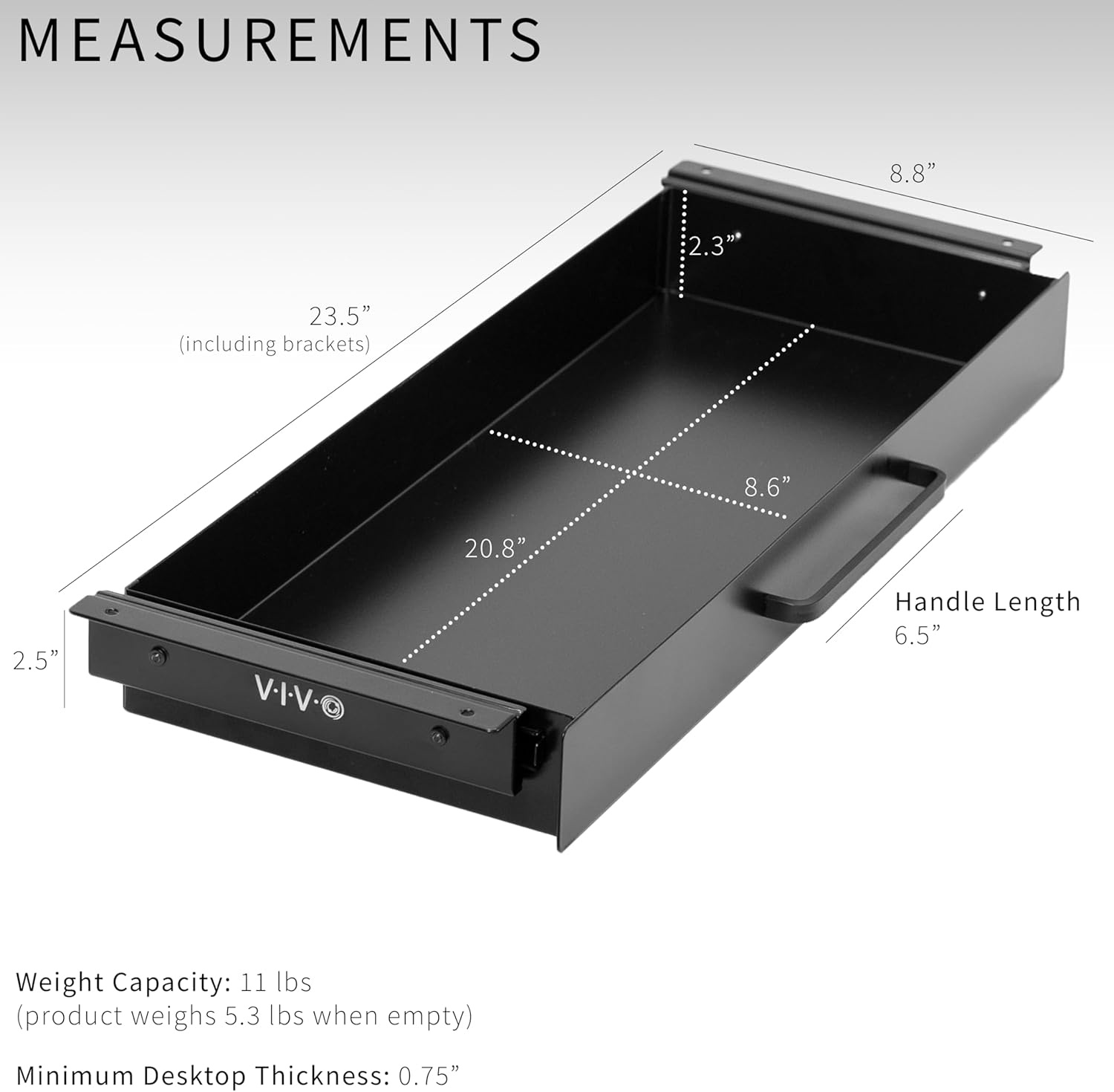 image:imageVIVO 13 inch Under Desk Mounted Sliding Pullout Drawer for Office Desk Pull Handle Storage Organizer for Sit Stand Workstation Black DESKDR1HBBlack