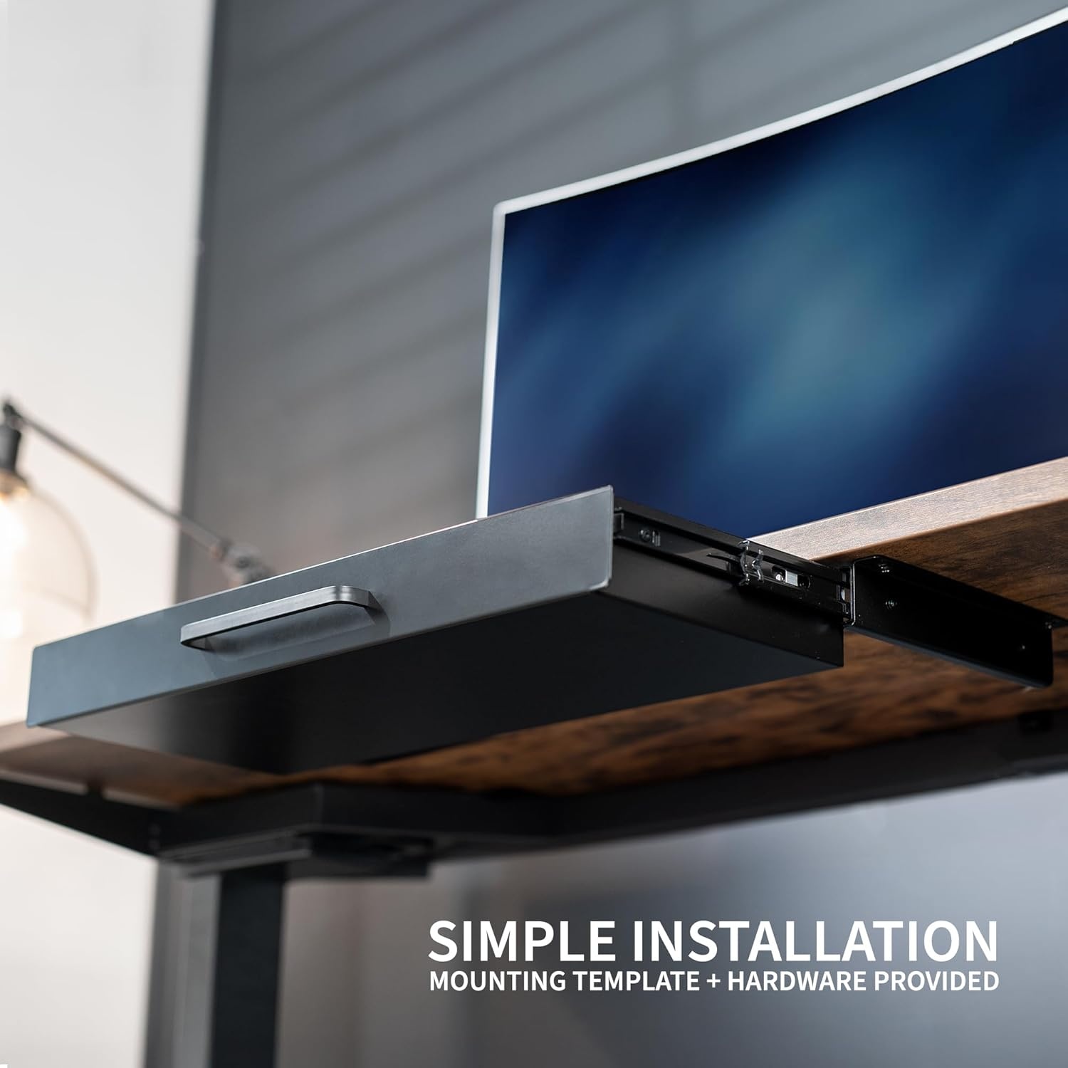 image:imageVIVO 13 inch Under Desk Mounted Sliding Pullout Drawer for Office Desk Pull Handle Storage Organizer for Sit Stand Workstation Black DESKDR1HBBlack