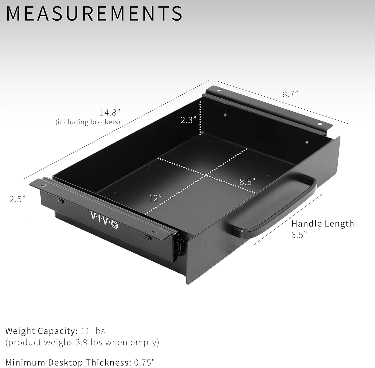 image:imageVIVO 13 inch Under Desk Mounted Sliding Pullout Drawer for Office Desk Pull Handle Storage Organizer for Sit Stand Workstation Black DESKDR1HBBlack