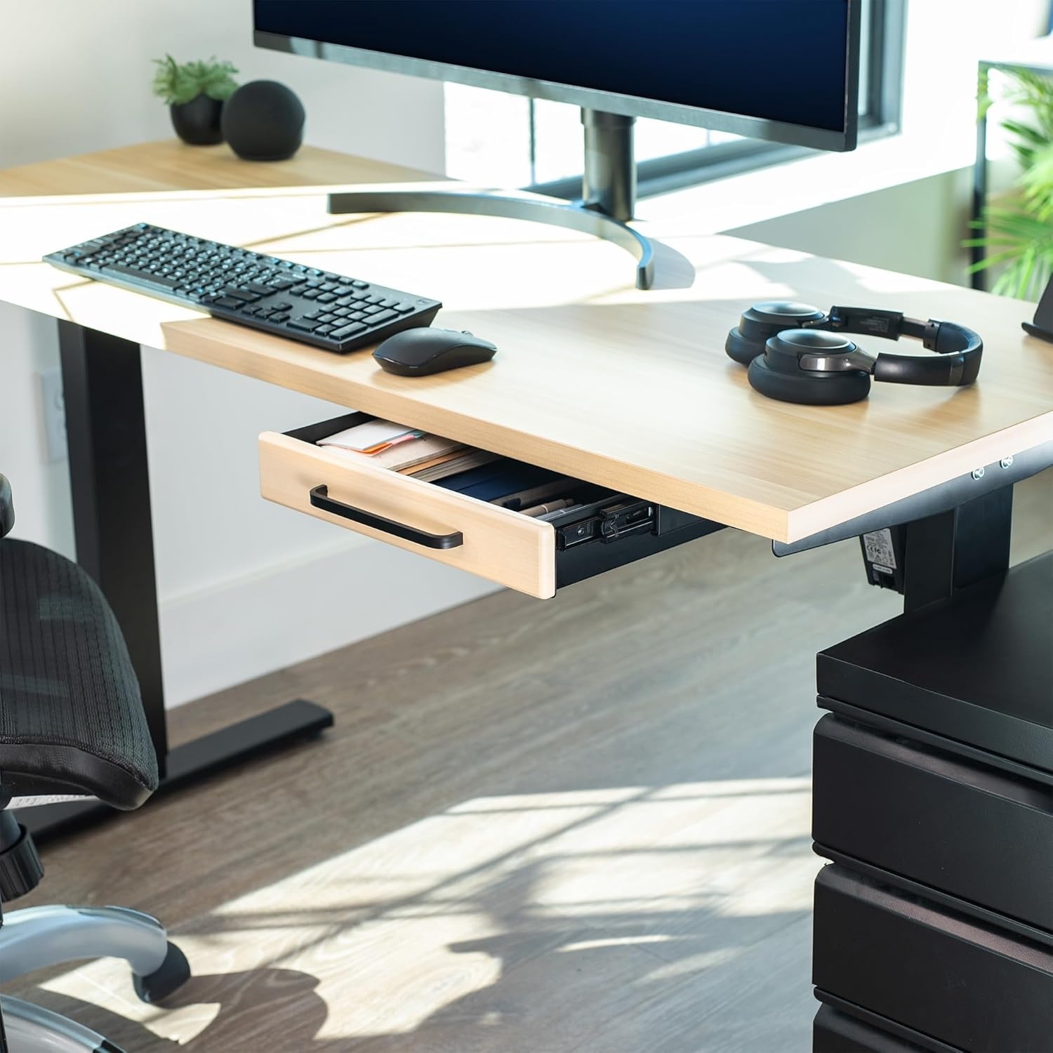 image:imageVIVO 13 inch Under Desk Mounted Sliding Pullout Drawer for Office Desk Pull Handle Storage Organizer for Sit Stand Workstation Black DESKDR1HBLight Wood