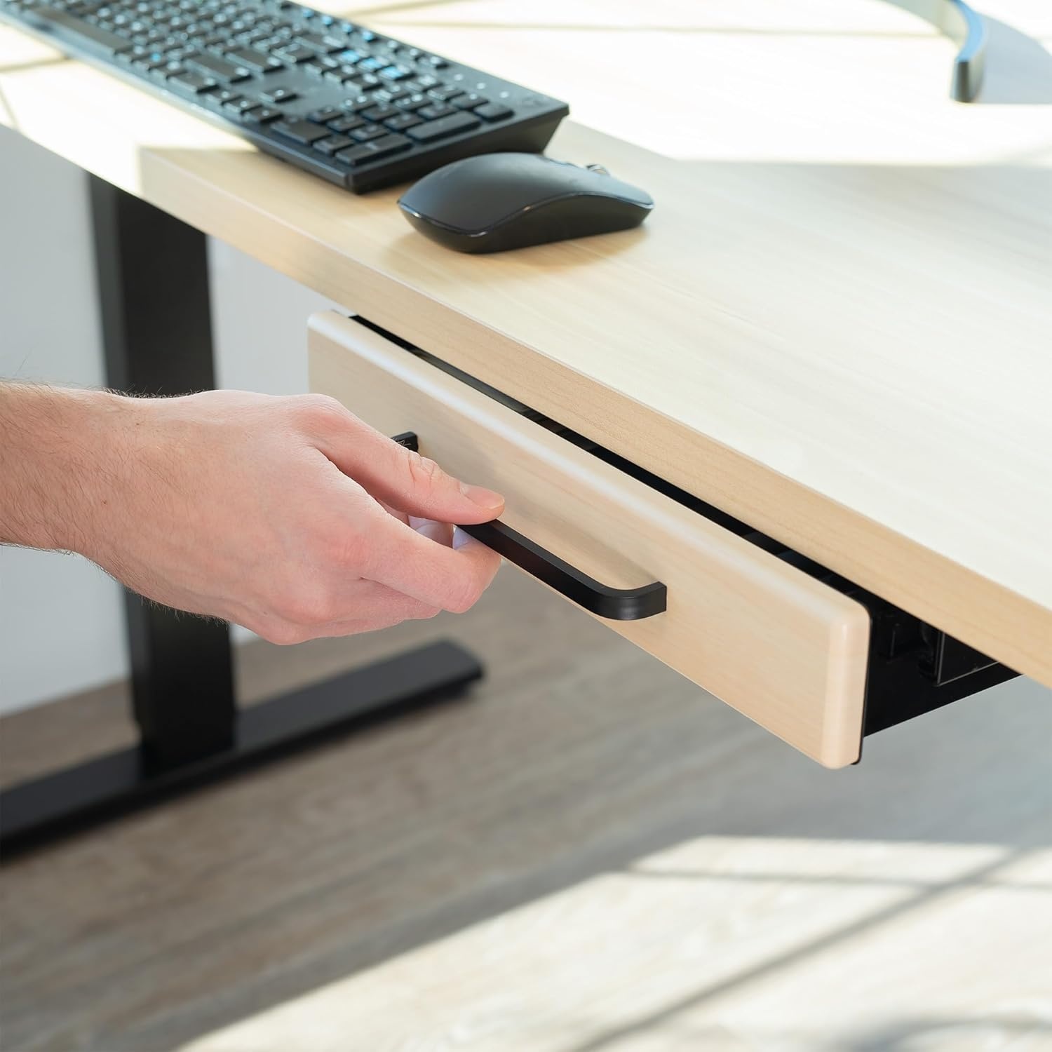 image:imageVIVO 13 inch Under Desk Mounted Sliding Pullout Drawer for Office Desk Pull Handle Storage Organizer for Sit Stand Workstation Black DESKDR1HBLight Wood
