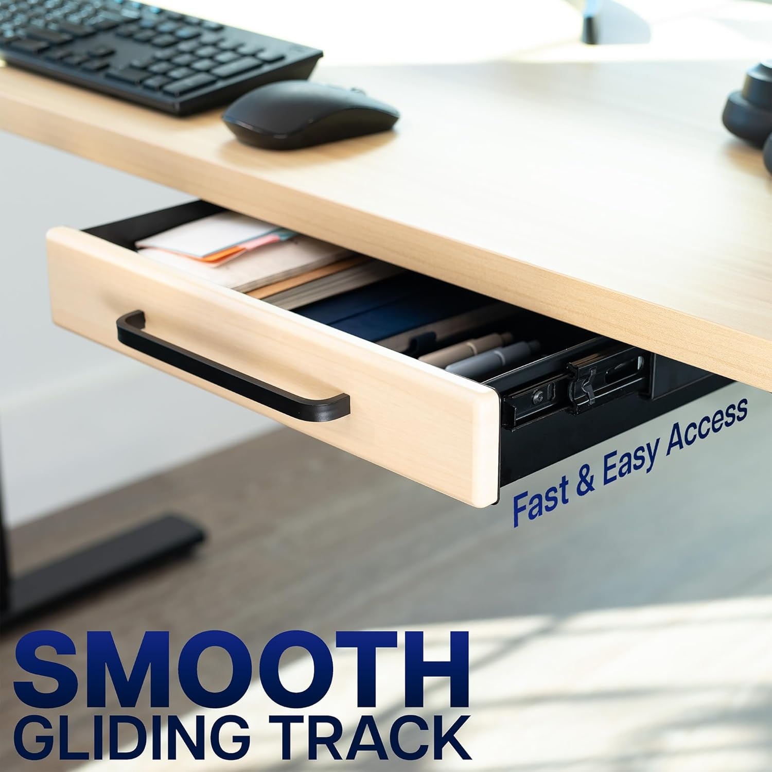 image:imageVIVO 13 inch Under Desk Mounted Sliding Pullout Drawer for Office Desk Pull Handle Storage Organizer for Sit Stand Workstation Black DESKDR1HBLight Wood