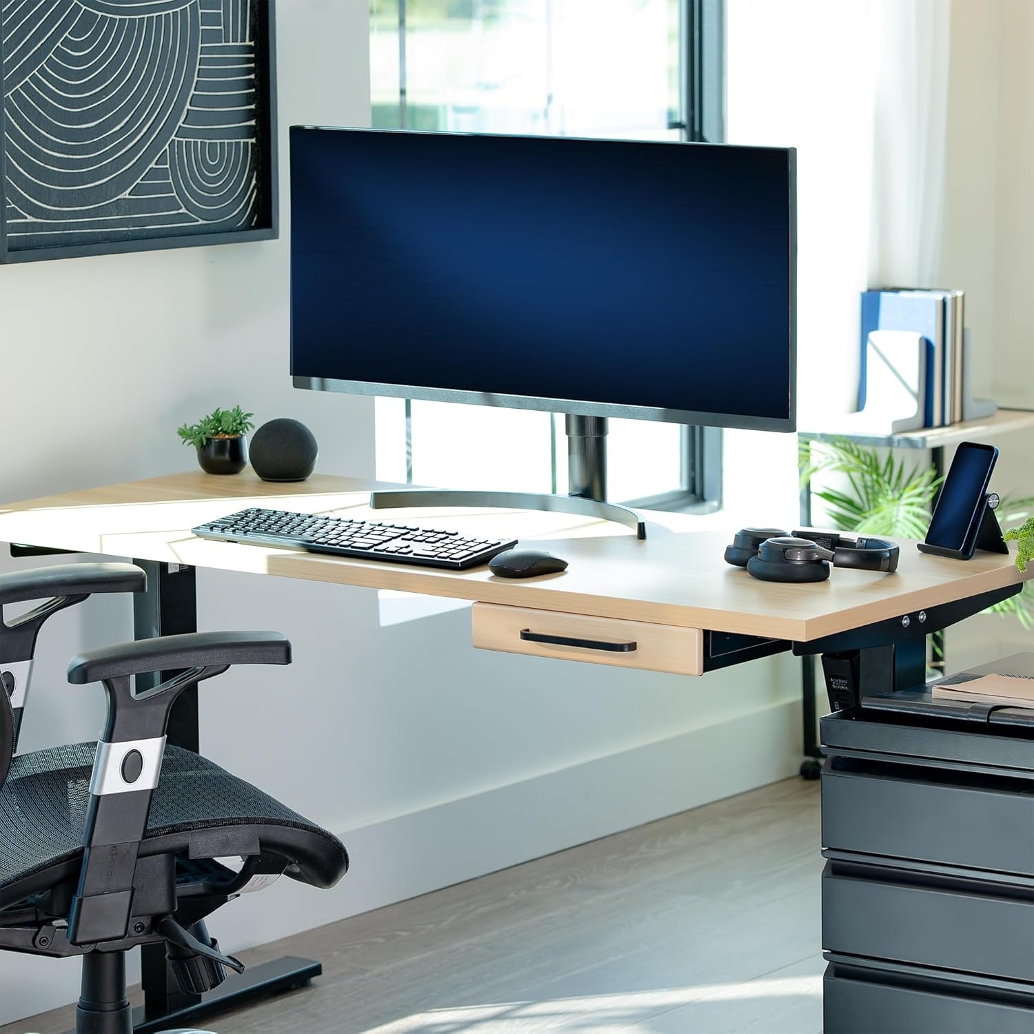 image:imageVIVO 13 inch Under Desk Mounted Sliding Pullout Drawer for Office Desk Pull Handle Storage Organizer for Sit Stand Workstation Black DESKDR1HBLight Wood