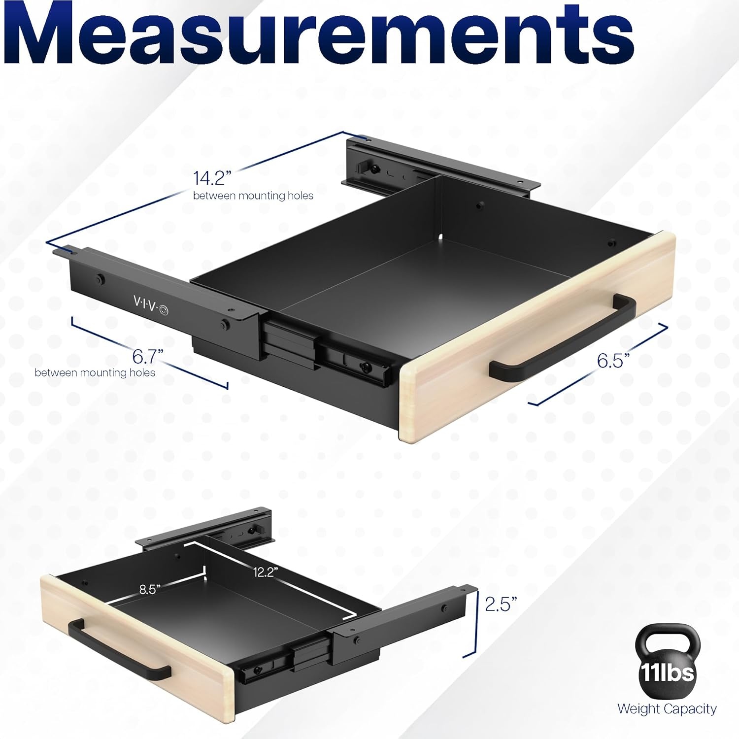 image:imageVIVO 13 inch Under Desk Mounted Sliding Pullout Drawer for Office Desk Pull Handle Storage Organizer for Sit Stand Workstation Black DESKDR1HBLight Wood