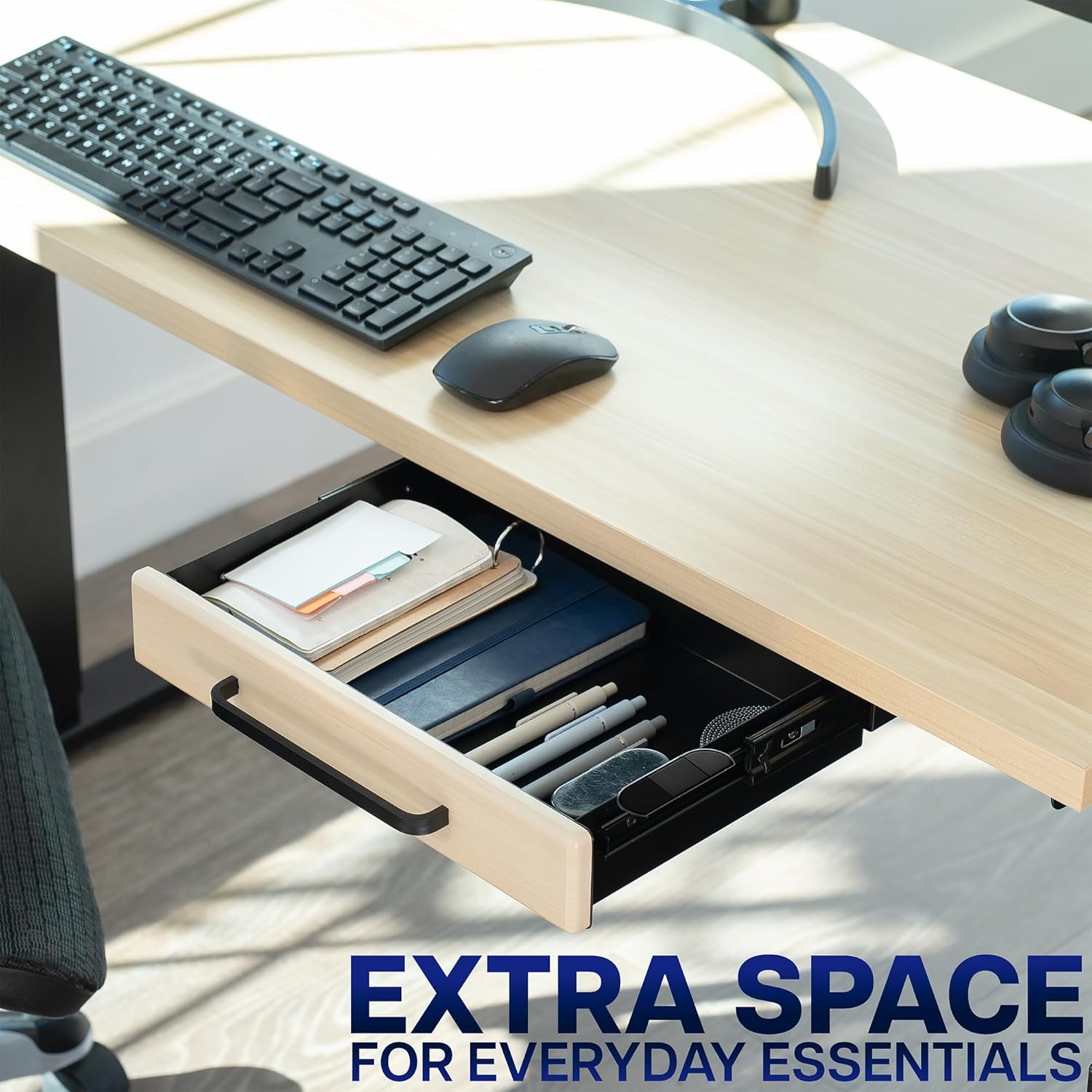 image:imageVIVO 13 inch Under Desk Mounted Sliding Pullout Drawer for Office Desk Pull Handle Storage Organizer for Sit Stand Workstation Black DESKDR1HBLight Wood