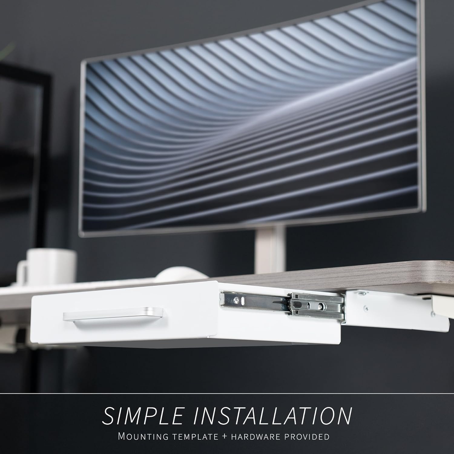image:imageVIVO 13 inch Under Desk Mounted Sliding Pullout Drawer for Office Desk Pull Handle Storage Organizer for Sit Stand Workstation Black DESKDR1HBWhite