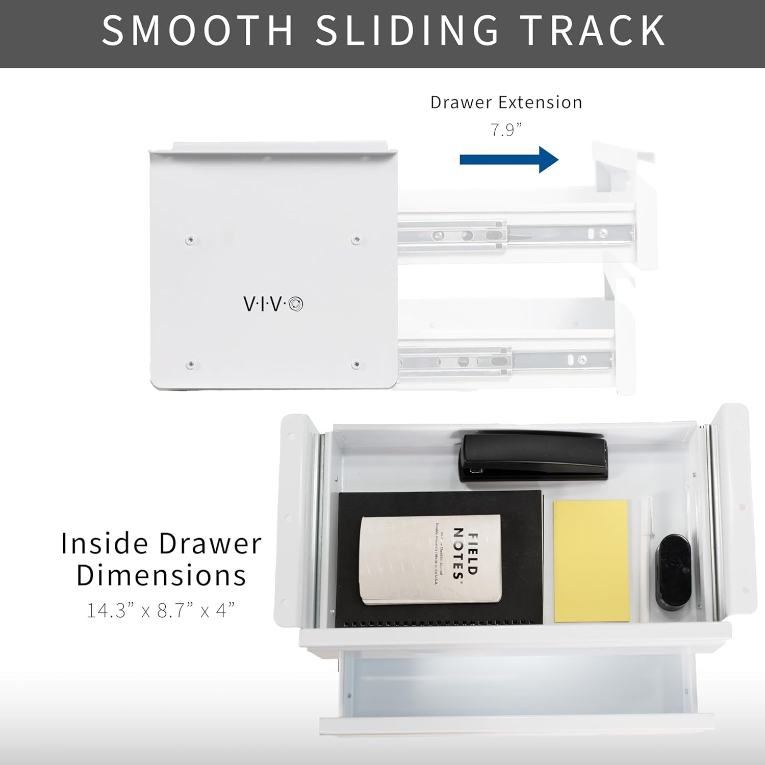 image:imageVIVO 16 inch Slide Out Dual Tier Desk Drawer Under Desk 2 Layer Storage Black DESKDR02White