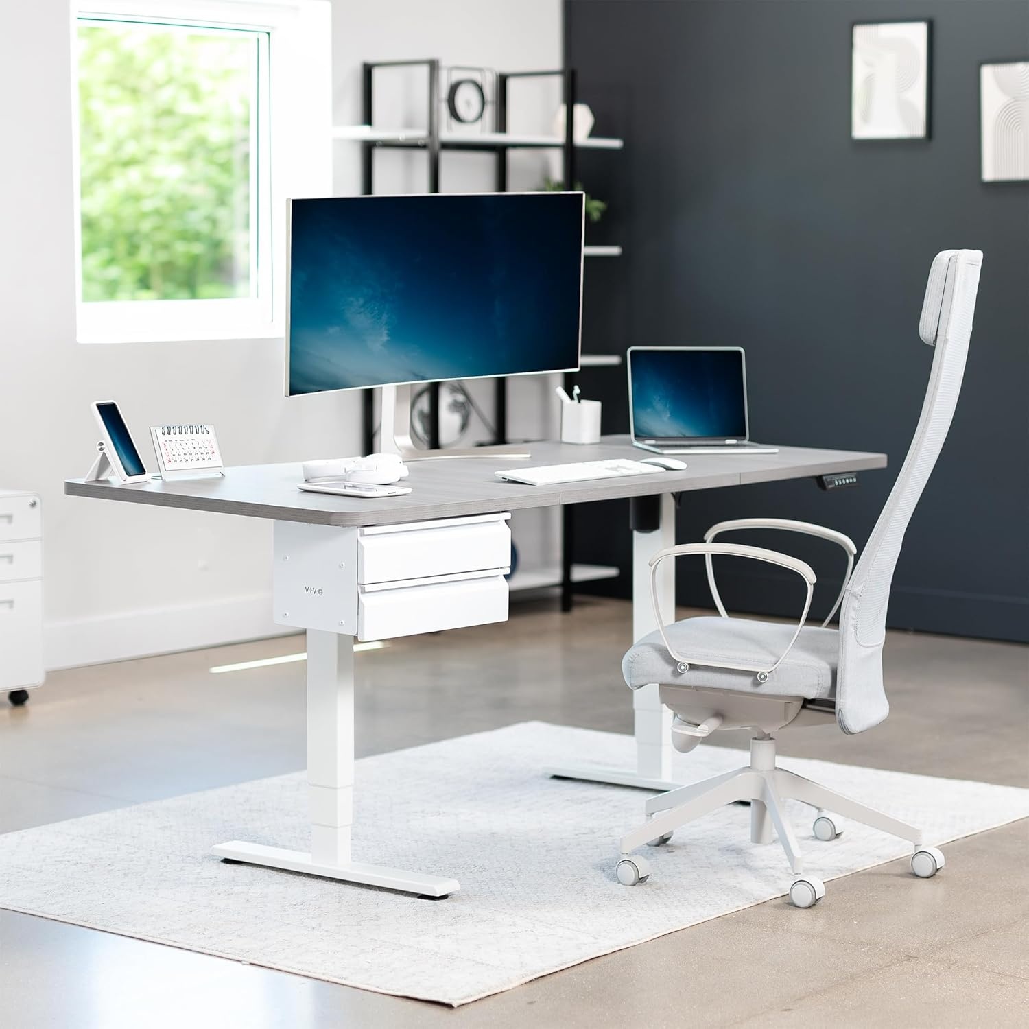 image:imageVIVO 16 inch Slide Out Dual Tier Desk Drawer Under Desk 2 Layer Storage Black DESKDR02White