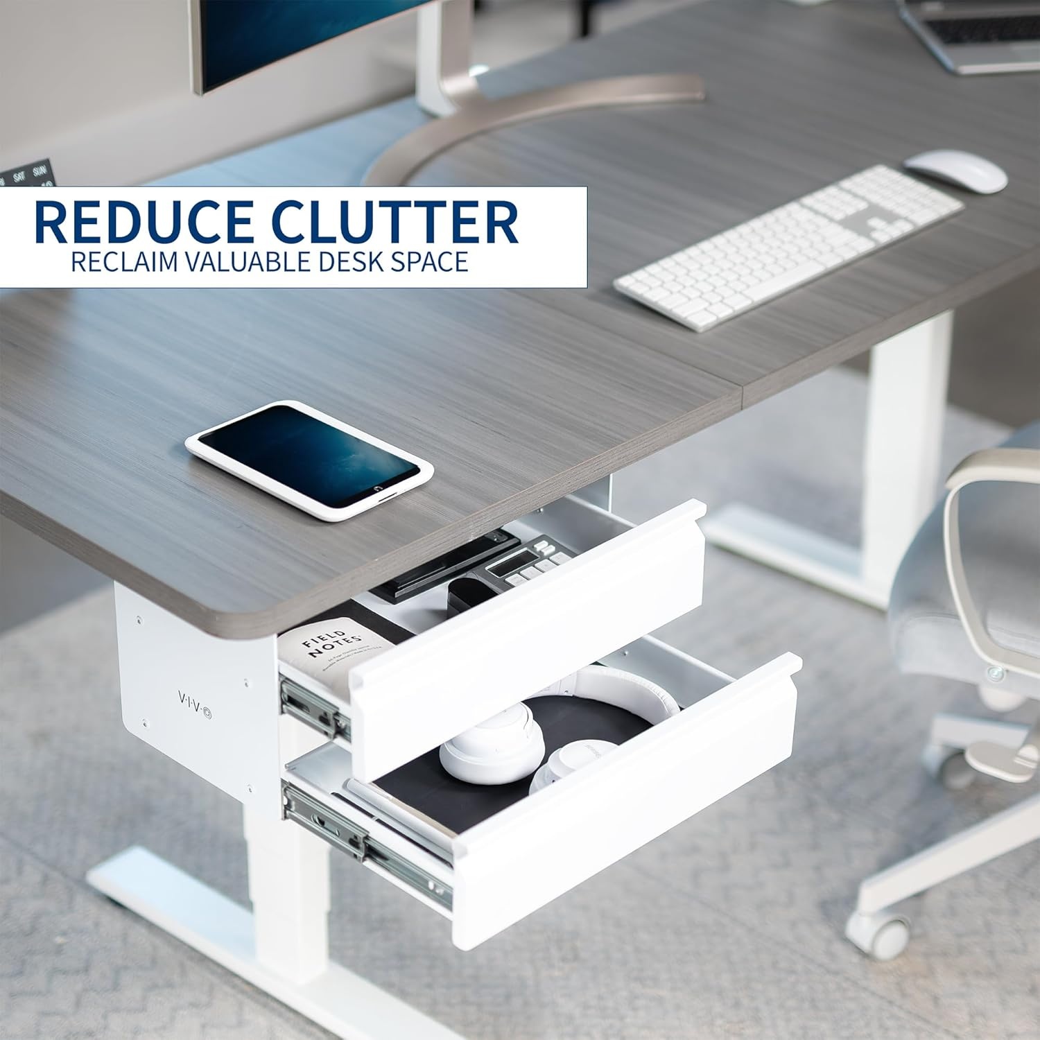 image:imageVIVO 16 inch Slide Out Dual Tier Desk Drawer Under Desk 2 Layer Storage Black DESKDR02White