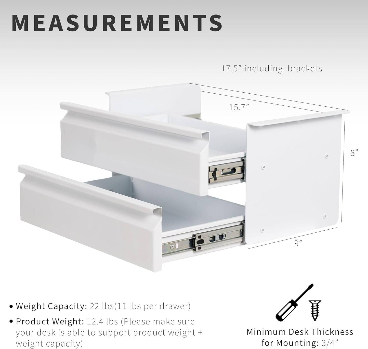 image:imageVIVO 16 inch Slide Out Dual Tier Desk Drawer Under Desk 2 Layer Storage Black DESKDR02White