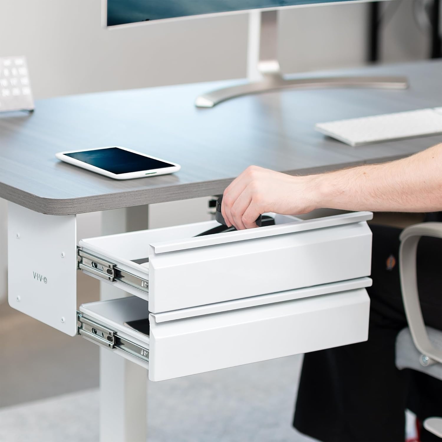 image:imageVIVO 16 inch Slide Out Dual Tier Desk Drawer Under Desk 2 Layer Storage Black DESKDR02White