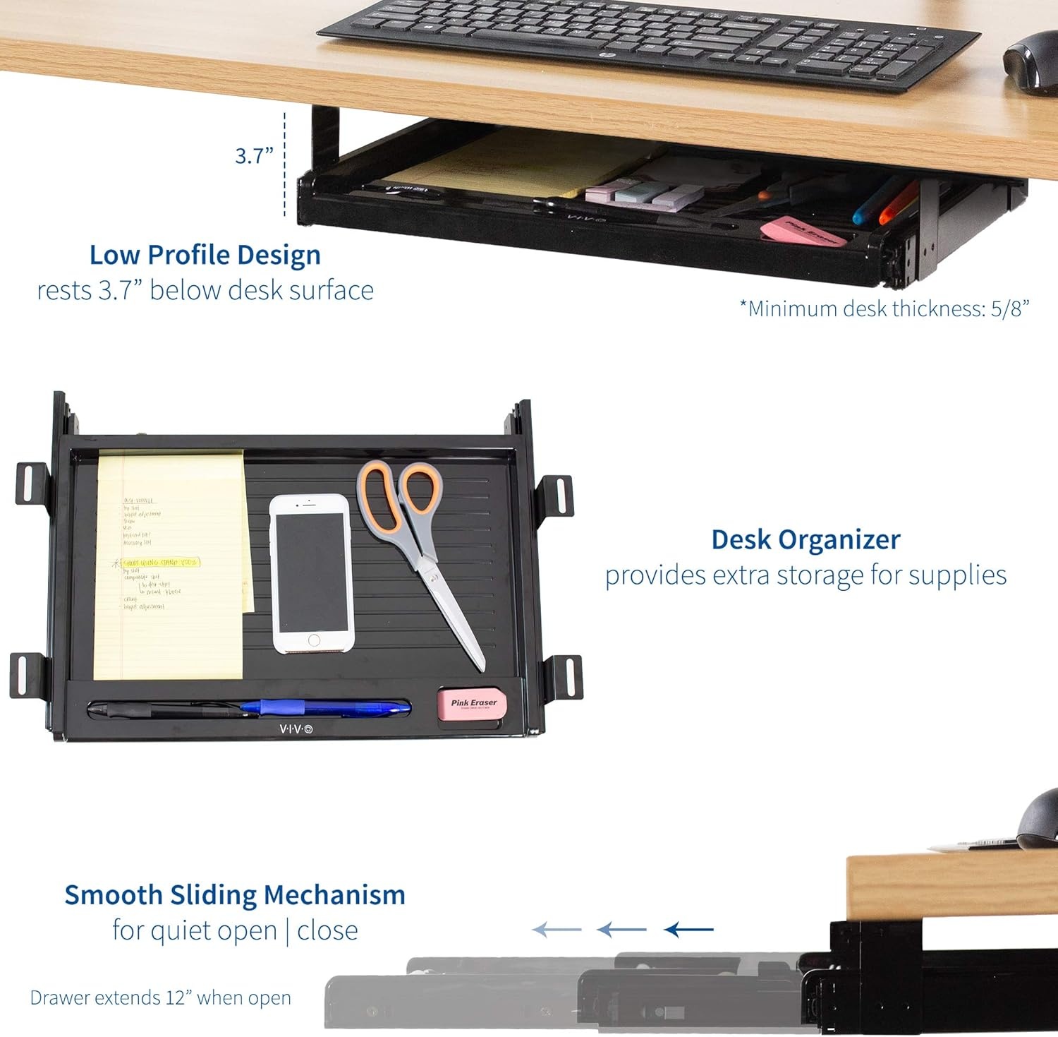 image:imageVIVO 17 inch Under Desk Slim Slide Out Pencil Drawer Home Office Storage Organizer Tray Black DESKAC04D