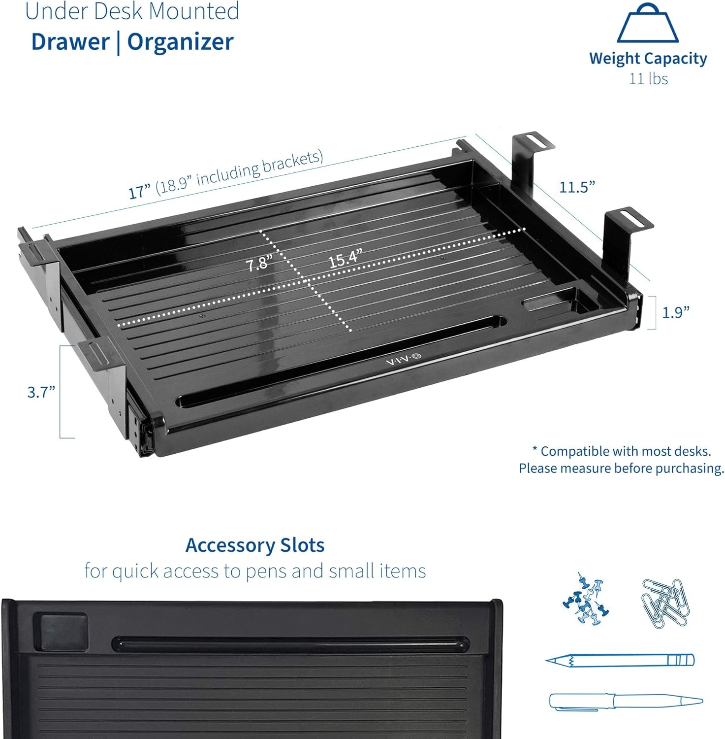 image:imageVIVO 17 inch Under Desk Slim Slide Out Pencil Drawer Home Office Storage Organizer Tray Black DESKAC04D
