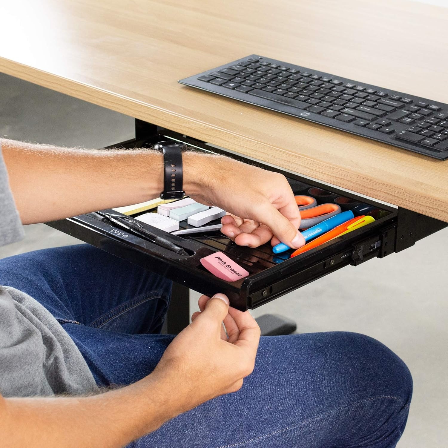 image:imageVIVO 17 inch Under Desk Slim Slide Out Pencil Drawer Home Office Storage Organizer Tray Black DESKAC04D