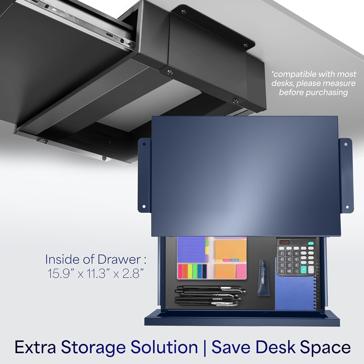 image:imageVIVO 18 inch Under Desk Slide Out Drawer Secure Home Office Storage Organizer Black DESKAC03B