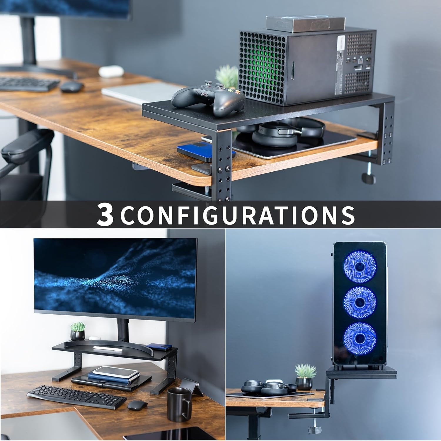 image:imageVIVO Clampon 15 inch Desk Extension Shelf for Gaming Devices Ergonomic Computer Monitor and Laptop Riser Printer Stand Versatile with Freestanding Feet Included Desktop Organizer DESKSHELF15B22
