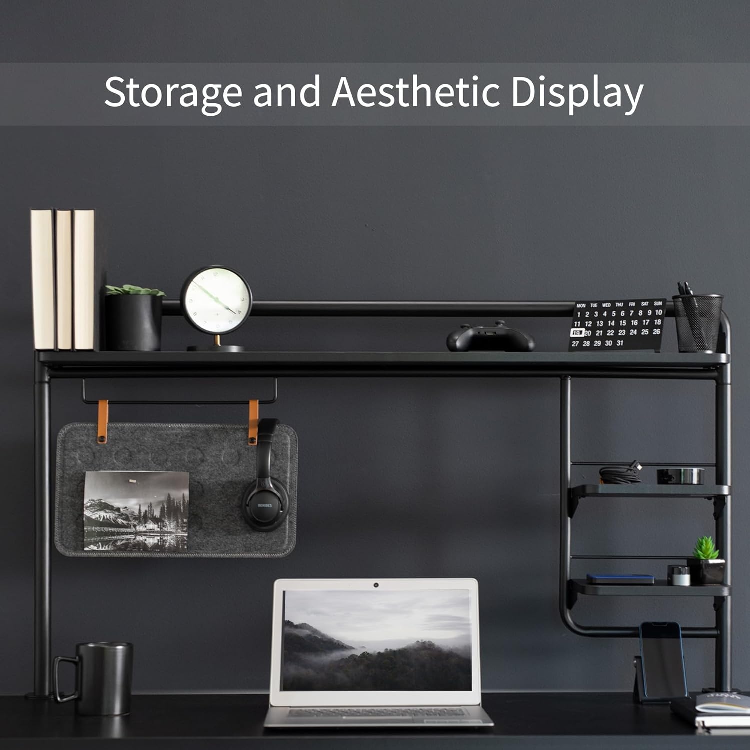 image:imageVIVO Clampon 50 inch Desktop Shelving System for Sit Stand Workstation Raised Accessory Storage Shelves and Magnetic Memo Board Desk Organizer Black DESKSHELF55A