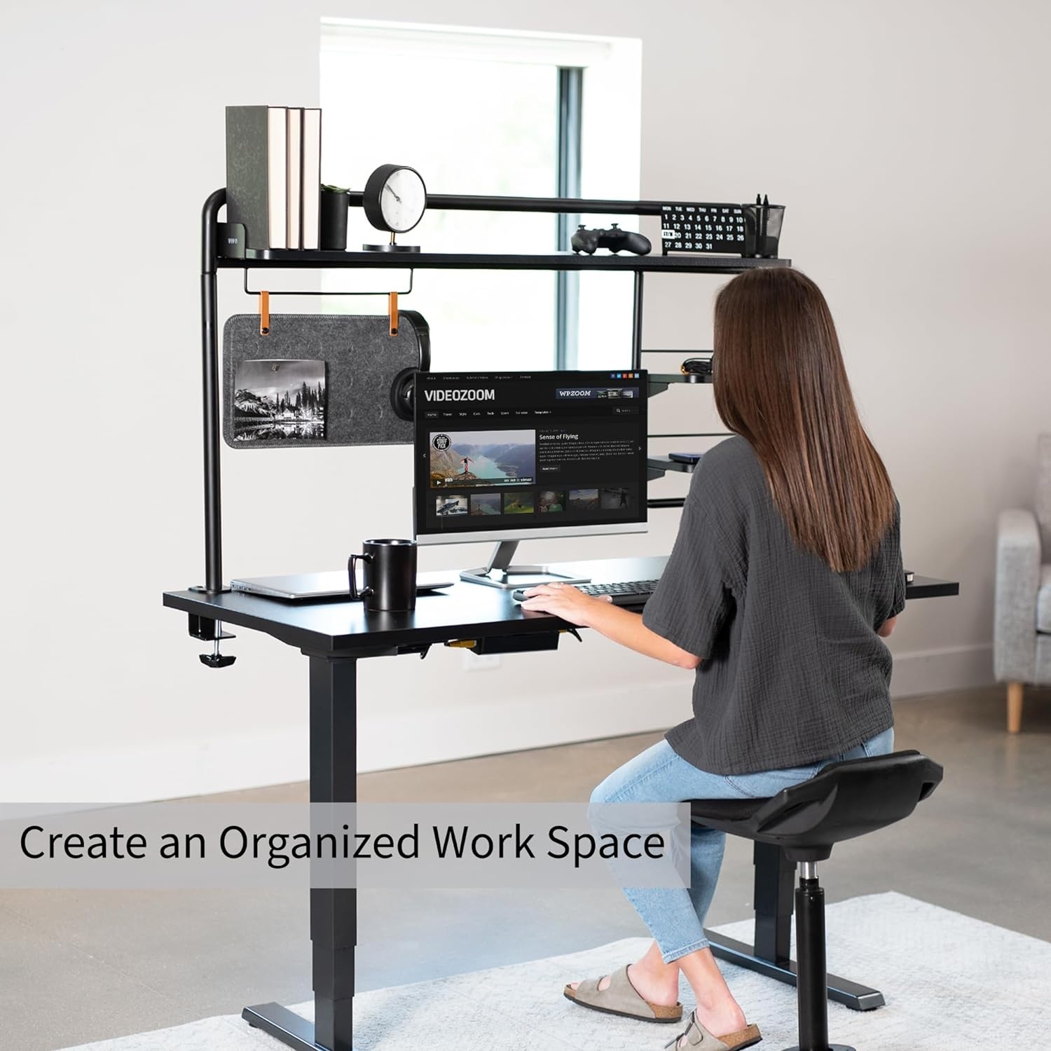image:imageVIVO Clampon 50 inch Desktop Shelving System for Sit Stand Workstation Raised Accessory Storage Shelves and Magnetic Memo Board Desk Organizer Black DESKSHELF55A