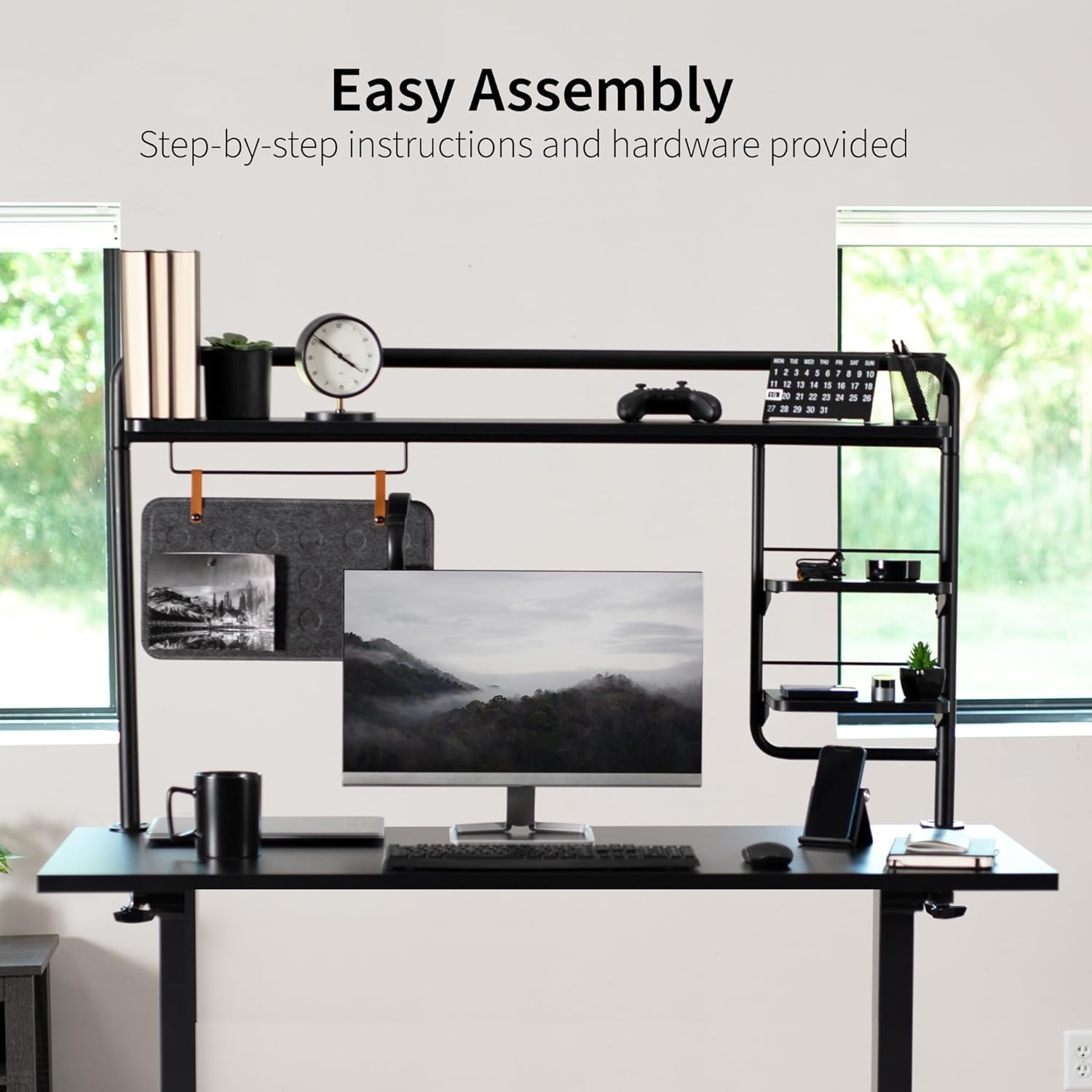 image:imageVIVO Clampon 50 inch Desktop Shelving System for Sit Stand Workstation Raised Accessory Storage Shelves and Magnetic Memo Board Desk Organizer Black DESKSHELF55A
