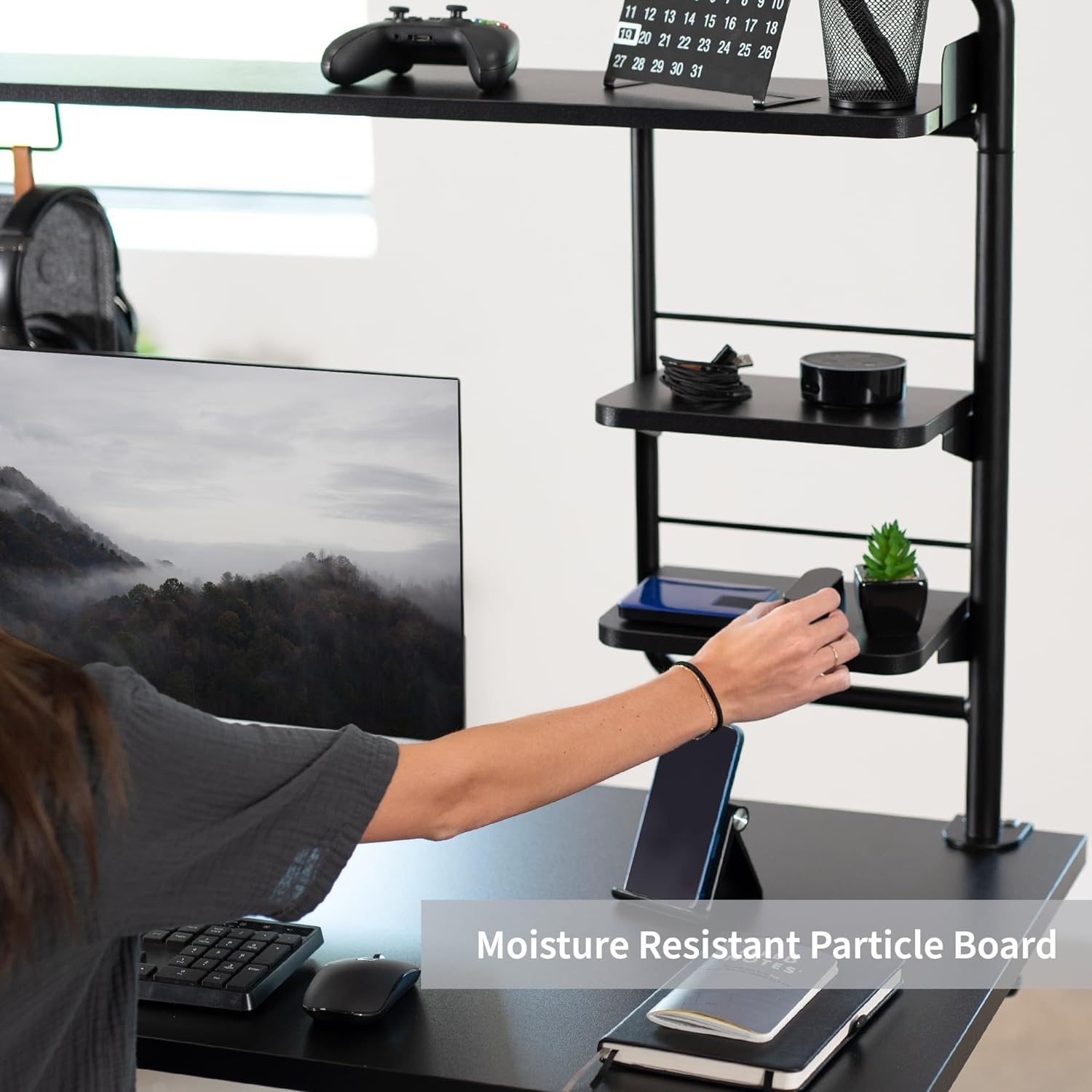 image:imageVIVO Clampon 50 inch Desktop Shelving System for Sit Stand Workstation Raised Accessory Storage Shelves and Magnetic Memo Board Desk Organizer Black DESKSHELF55A