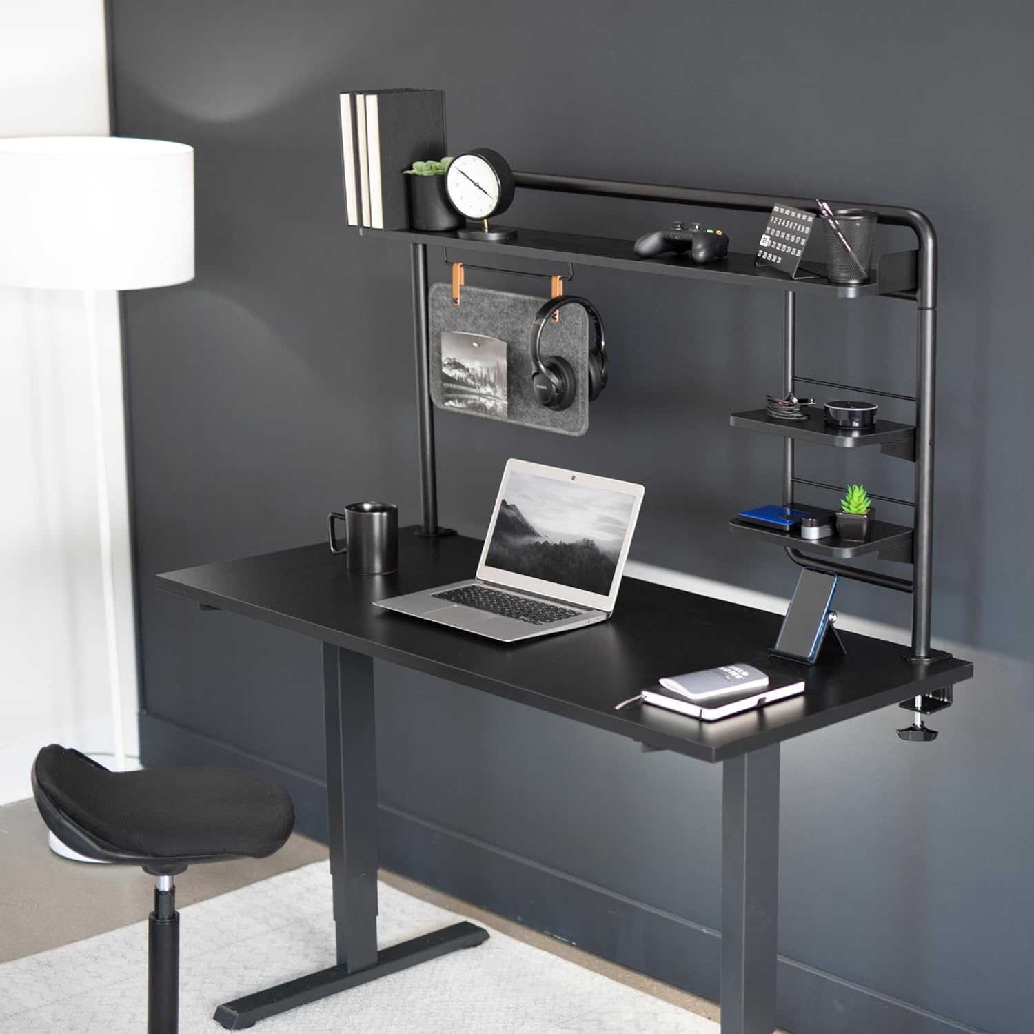 image:imageVIVO Clampon 50 inch Desktop Shelving System for Sit Stand Workstation Raised Accessory Storage Shelves and Magnetic Memo Board Desk Organizer Black DESKSHELF55A
