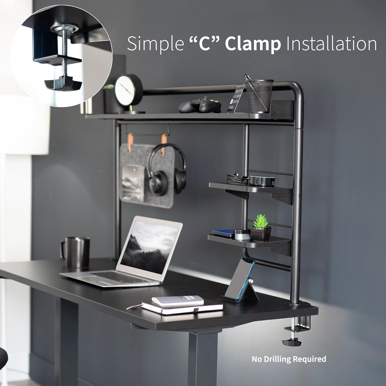 image:imageVIVO Clampon 50 inch Desktop Shelving System for Sit Stand Workstation Raised Accessory Storage Shelves and Magnetic Memo Board Desk Organizer Black DESKSHELF55A