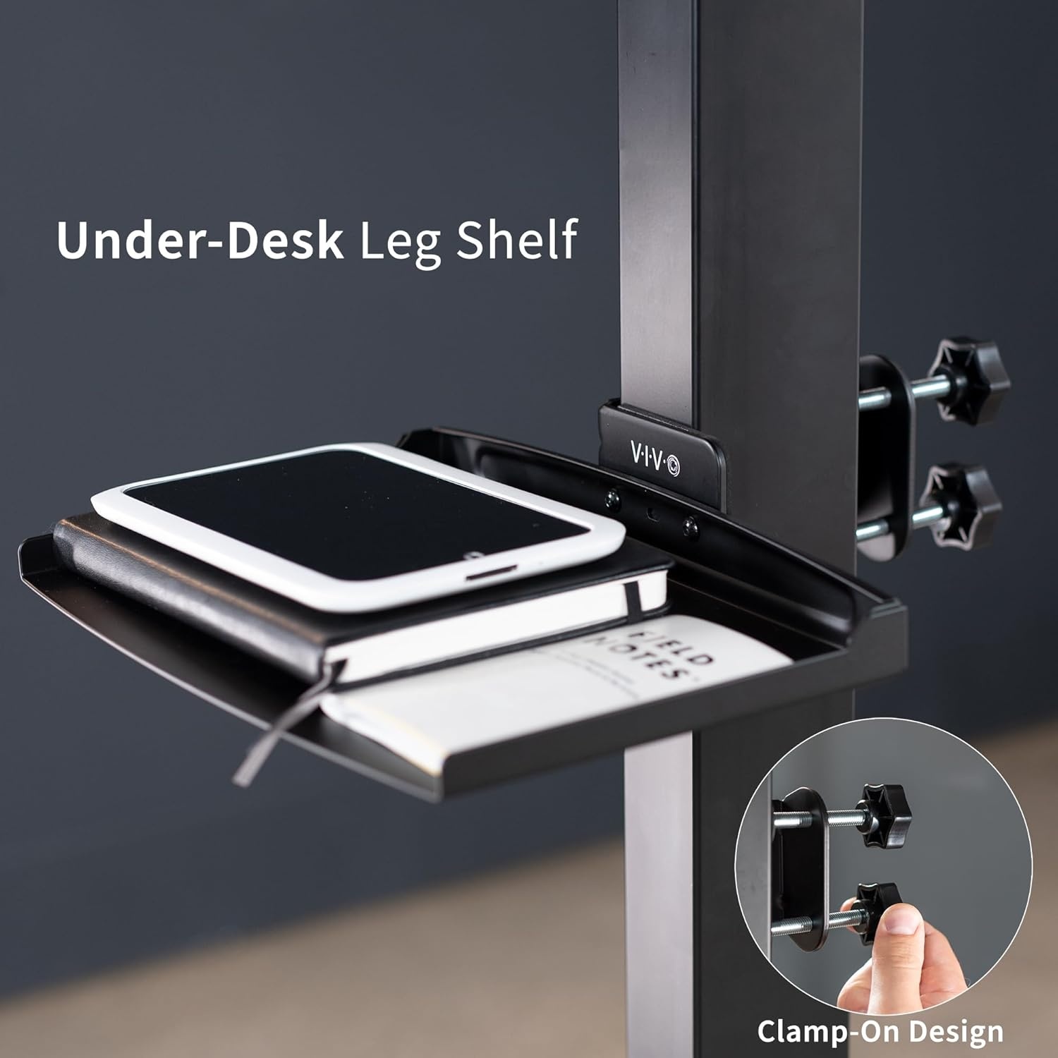 image:imageVIVO Clampon Desk Leg Shelf Under Desk 12 x 8 inch Hidden Storage Tray for Battery Backup Gaming Systems Platform for Computer Accessories Metal Loft Bed Shelf Black DESKSF01LC