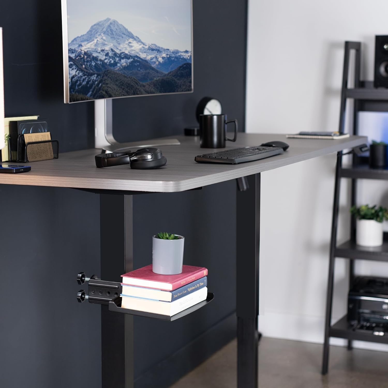 image:imageVIVO Clampon Desk Leg Shelf Under Desk 12 x 8 inch Hidden Storage Tray for Battery Backup Gaming Systems Platform for Computer Accessories Metal Loft Bed Shelf Black DESKSF01LC