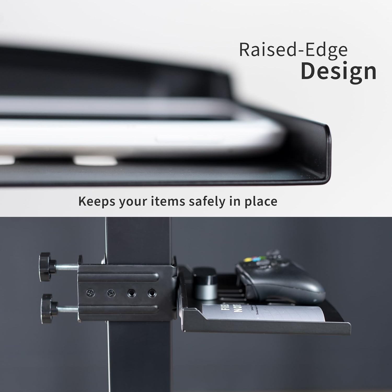 image:imageVIVO Clampon Desk Leg Shelf Under Desk 12 x 8 inch Hidden Storage Tray for Battery Backup Gaming Systems Platform for Computer Accessories Metal Loft Bed Shelf Black DESKSF01LC