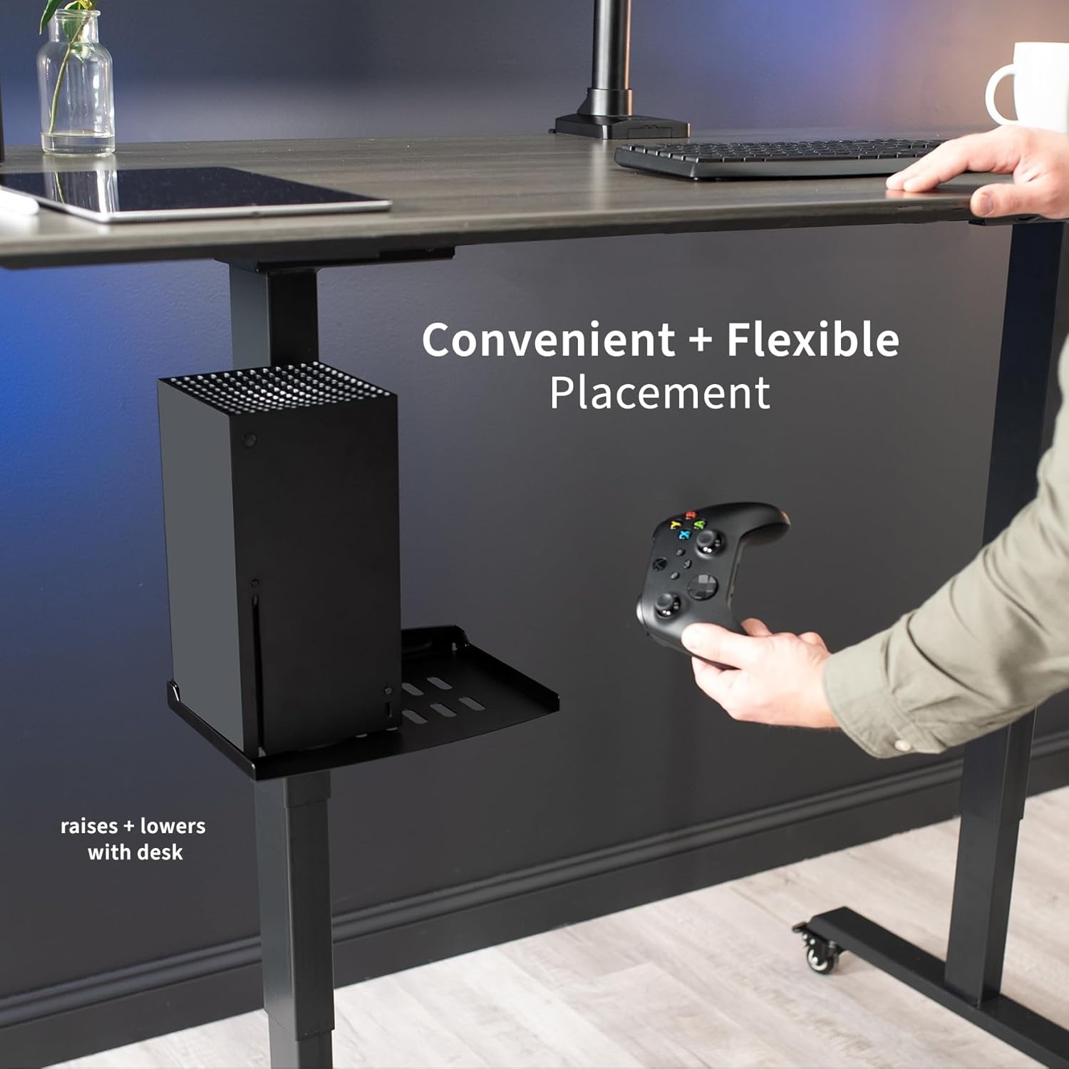 image:imageVIVO Clampon Desk Leg Shelf Under Desk 12 x 8 inch Hidden Storage Tray for Battery Backup Gaming Systems Platform for Computer Accessories Metal Loft Bed Shelf Black DESKSF01LC