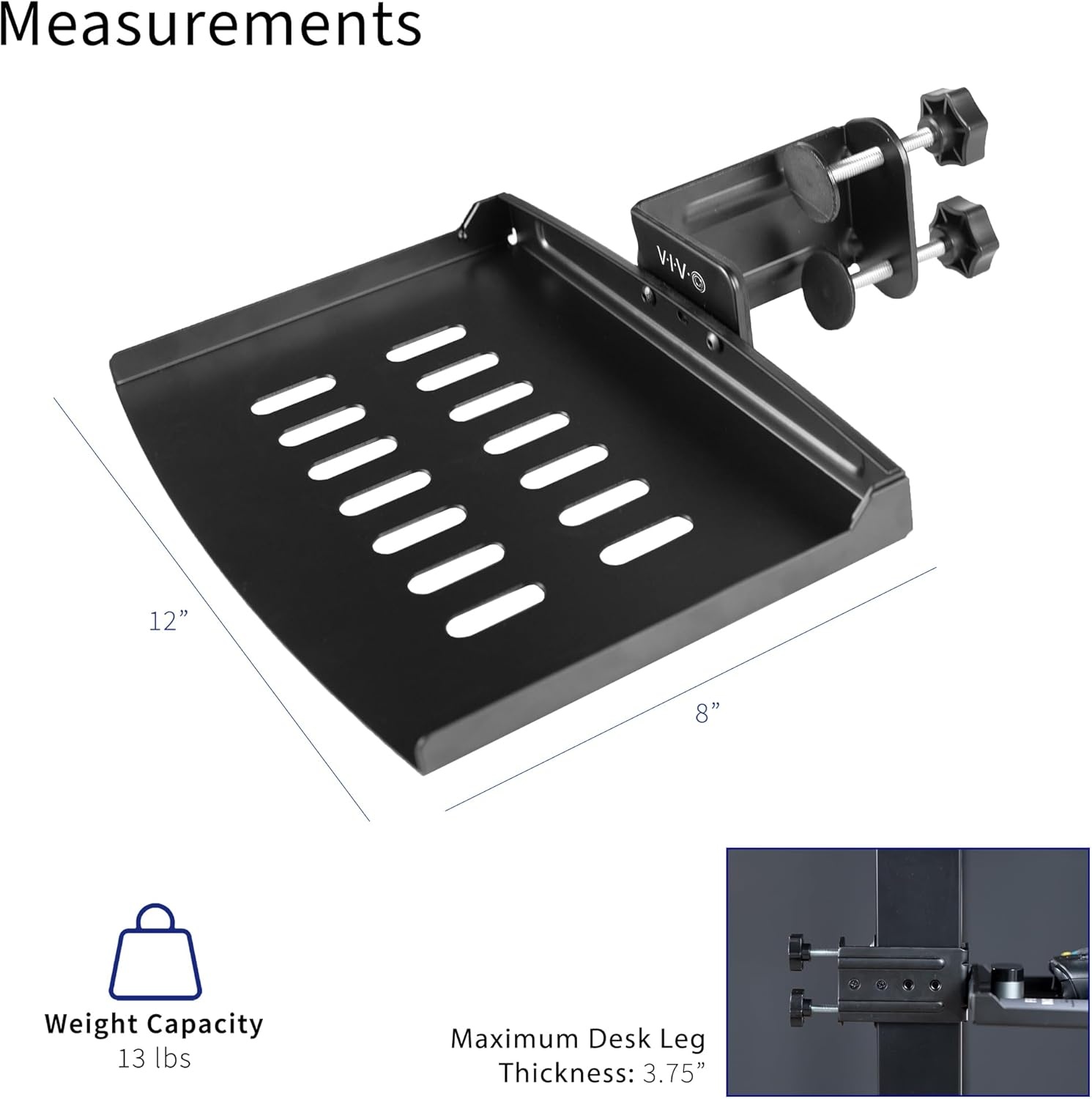 image:imageVIVO Clampon Desk Leg Shelf Under Desk 12 x 8 inch Hidden Storage Tray for Battery Backup Gaming Systems Platform for Computer Accessories Metal Loft Bed Shelf Black DESKSF01LC