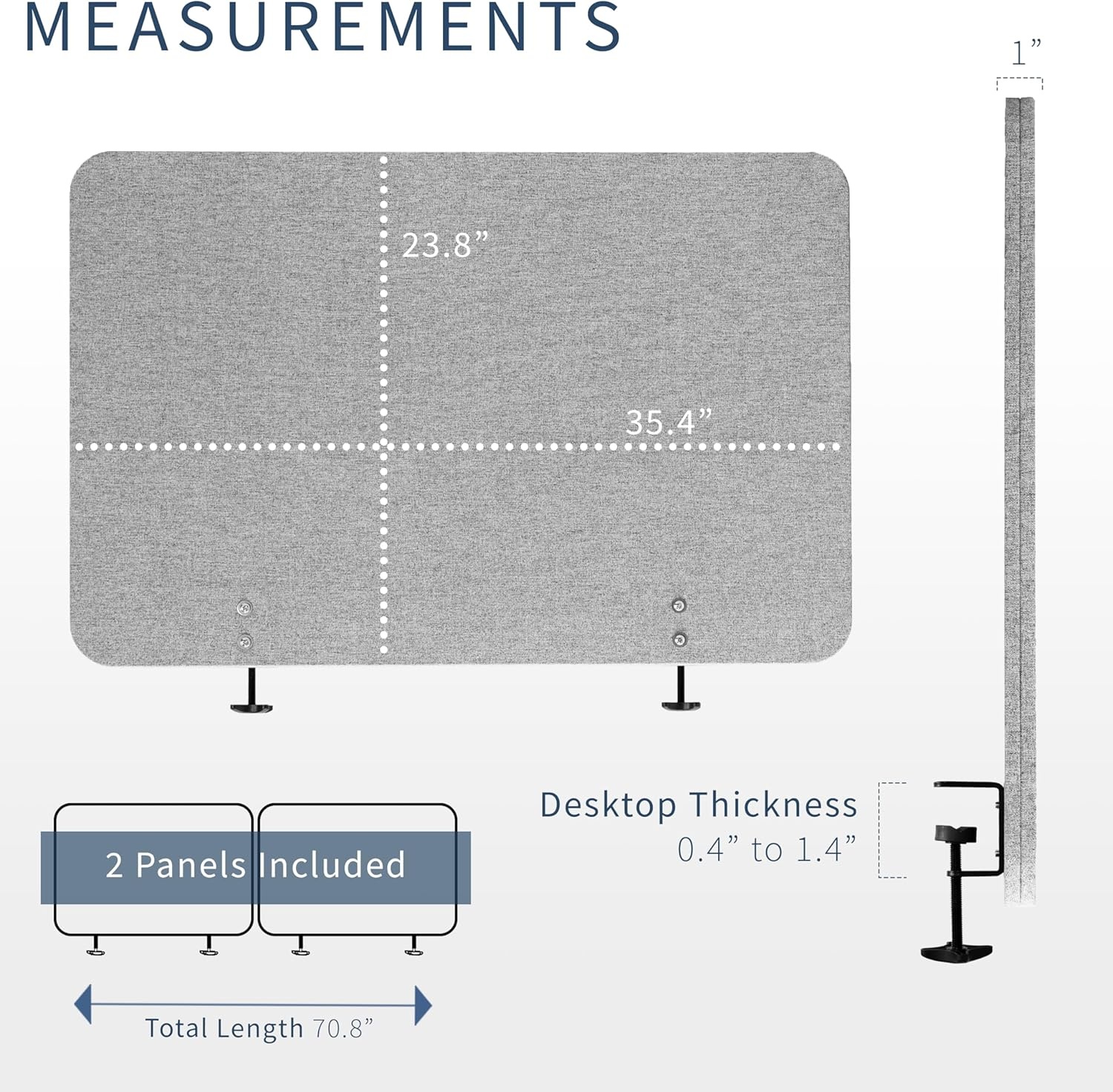 image:imageVIVO Clampon Privacy Panels 60 x 24 inch x1 24 x 24 inch x2 Sound Absorbing Cubicle Desk Dividers 3 Acoustic Partitions Gray PP3V108GLight Gray