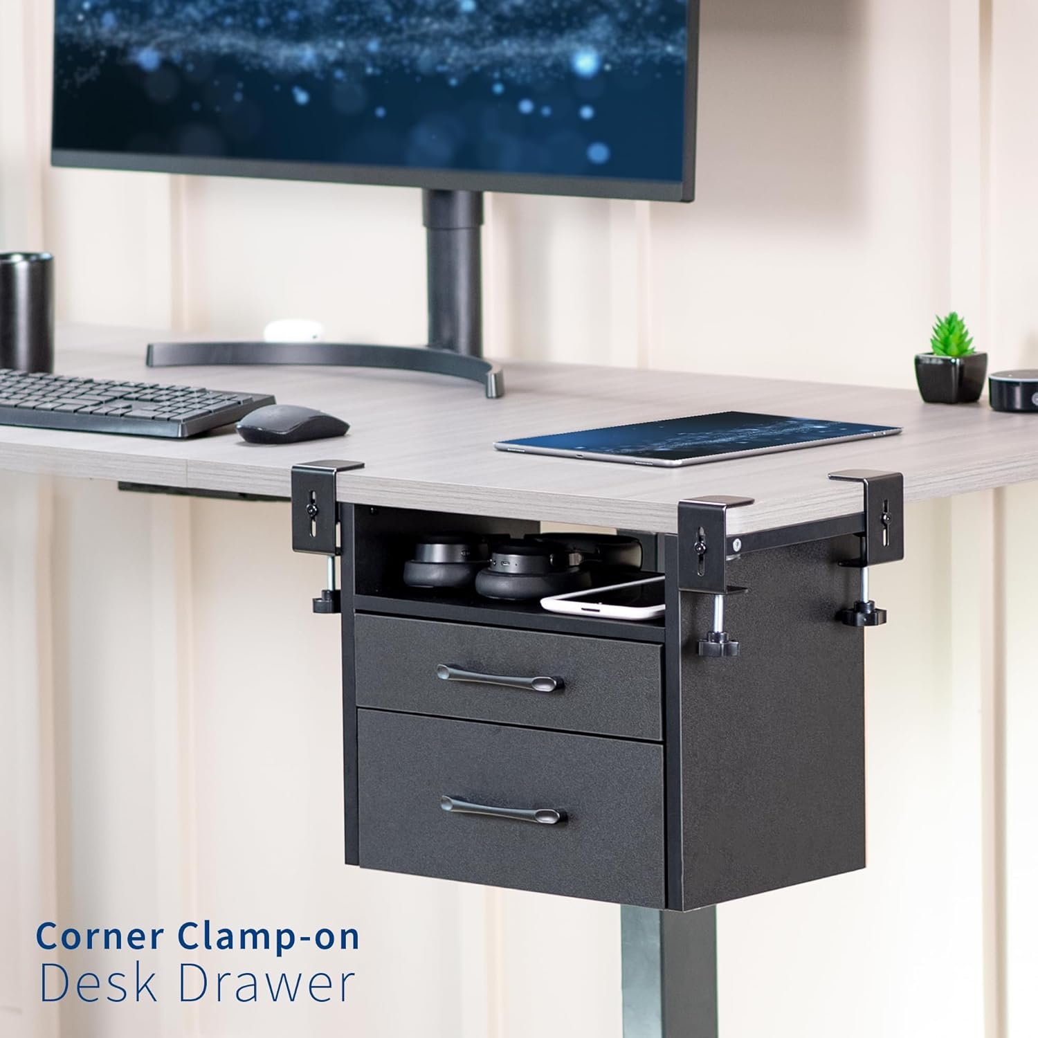 image:imageVIVO Corner Clampon Under Desk Drawer and Shelf System Office Accessory Holder for Supplies Gaming Devices and More MultiLevel Storage Workstation Organizer Black DESKDR3C