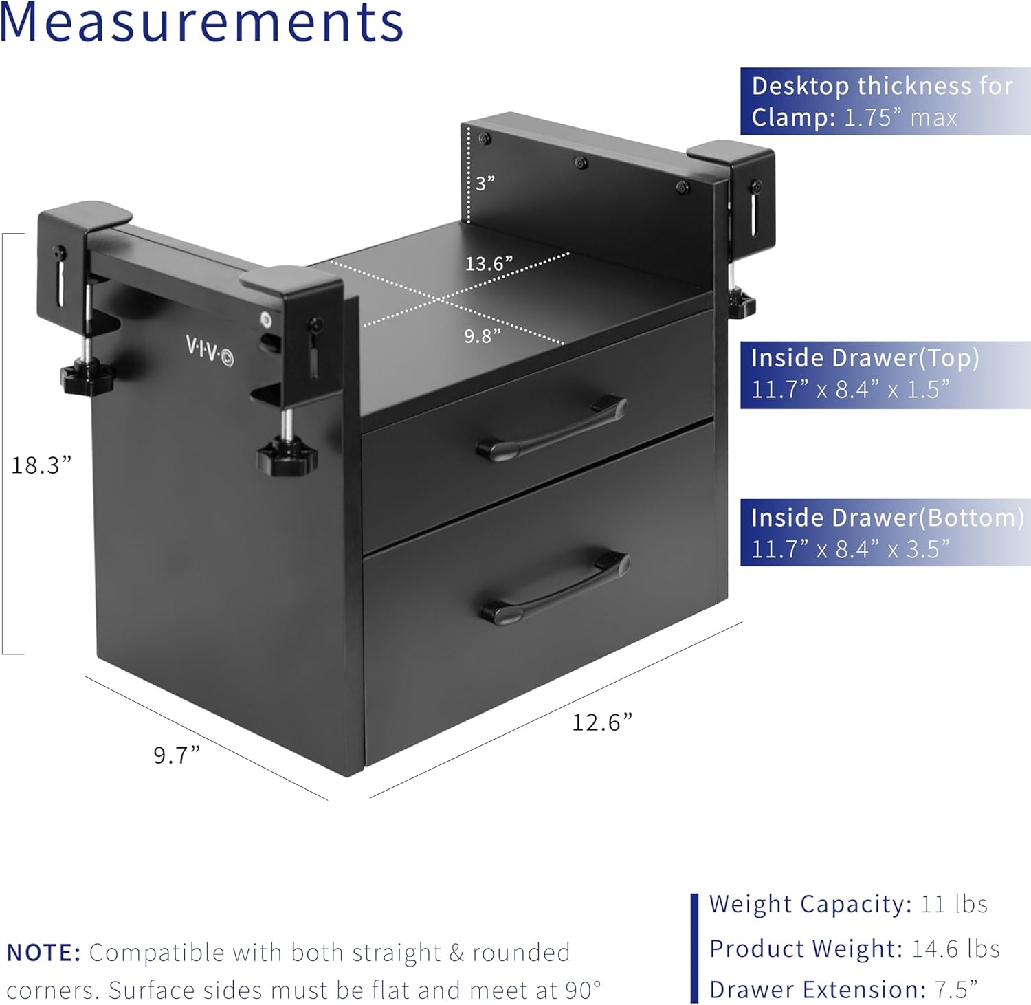 image:imageVIVO Corner Clampon Under Desk Drawer and Shelf System Office Accessory Holder for Supplies Gaming Devices and More MultiLevel Storage Workstation Organizer Black DESKDR3C