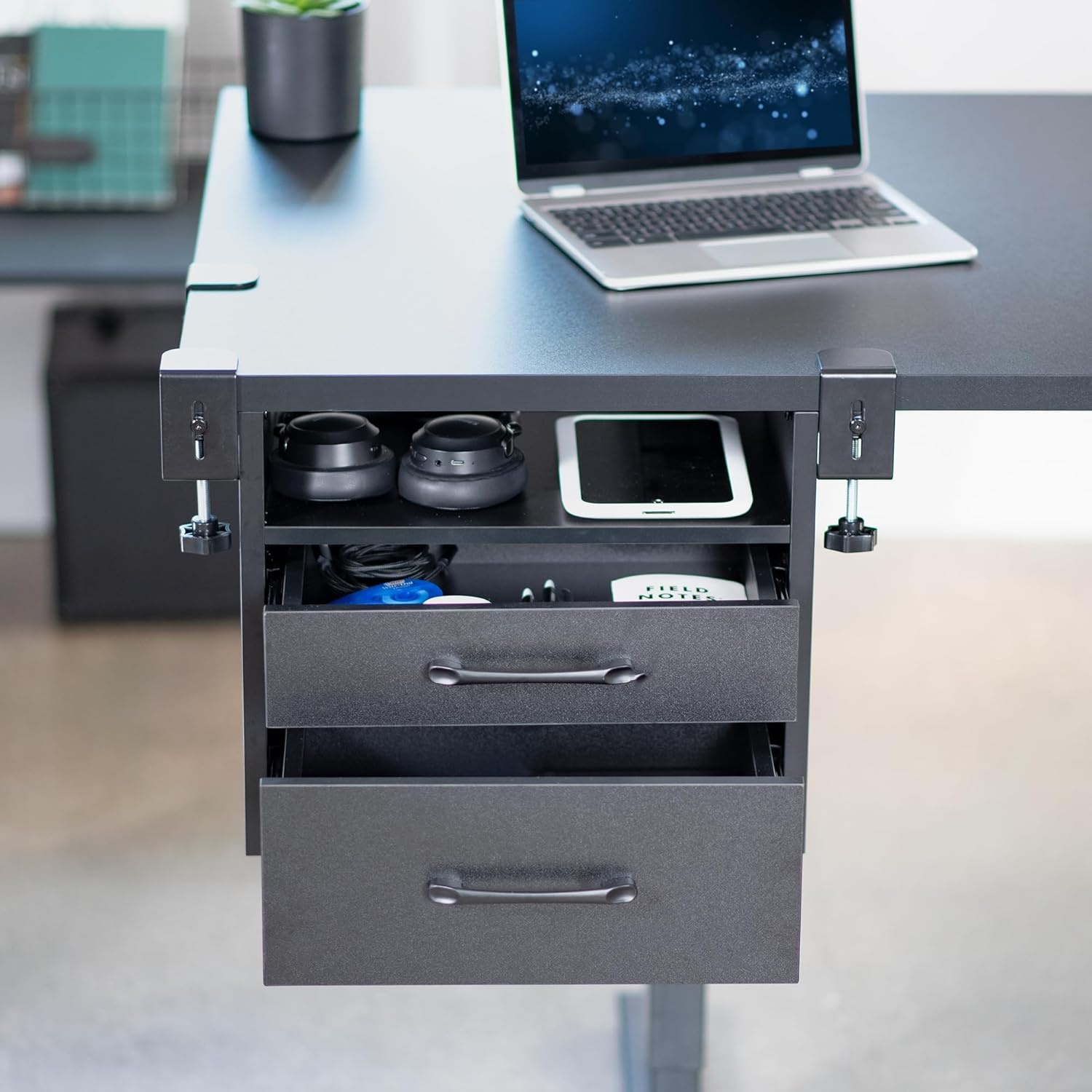 image:imageVIVO Corner Clampon Under Desk Drawer and Shelf System Office Accessory Holder for Supplies Gaming Devices and More MultiLevel Storage Workstation Organizer Black DESKDR3C