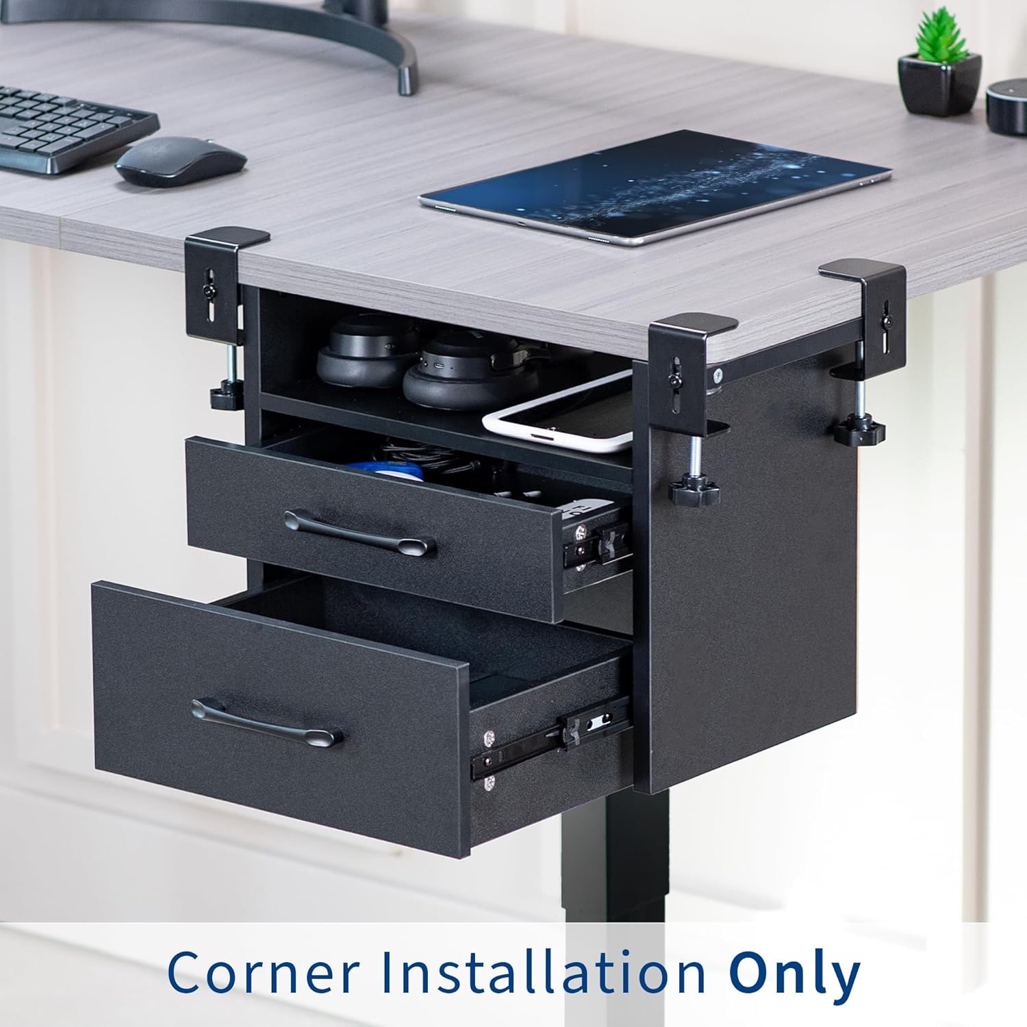 image:imageVIVO Corner Clampon Under Desk Drawer and Shelf System Office Accessory Holder for Supplies Gaming Devices and More MultiLevel Storage Workstation Organizer Black DESKDR3C