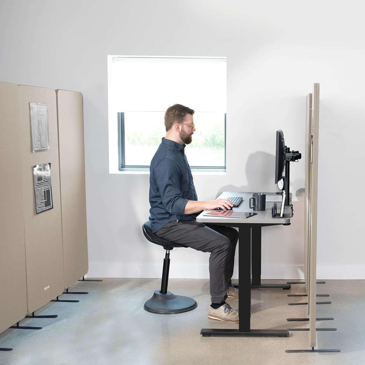 image:imageVIVO Freestanding 72 x 66 inch Privacy Panel Cubicle Divider Acoustic Wall Partition x3 24 inch Panels Beige PP3T072BEBeige
