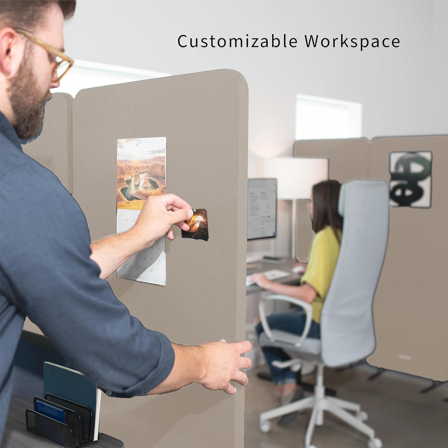 image:imageVIVO Freestanding 72 x 66 inch Privacy Panel Cubicle Divider Acoustic Wall Partition x3 24 inch Panels Beige PP3T072BEBeige